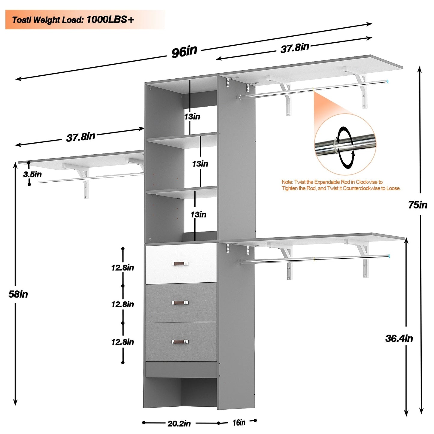 Rackcog 120'' Adjustable Closet Organizer with Drawers, Closet System with DIY Shelves for Reach-in and Walk-in Closet