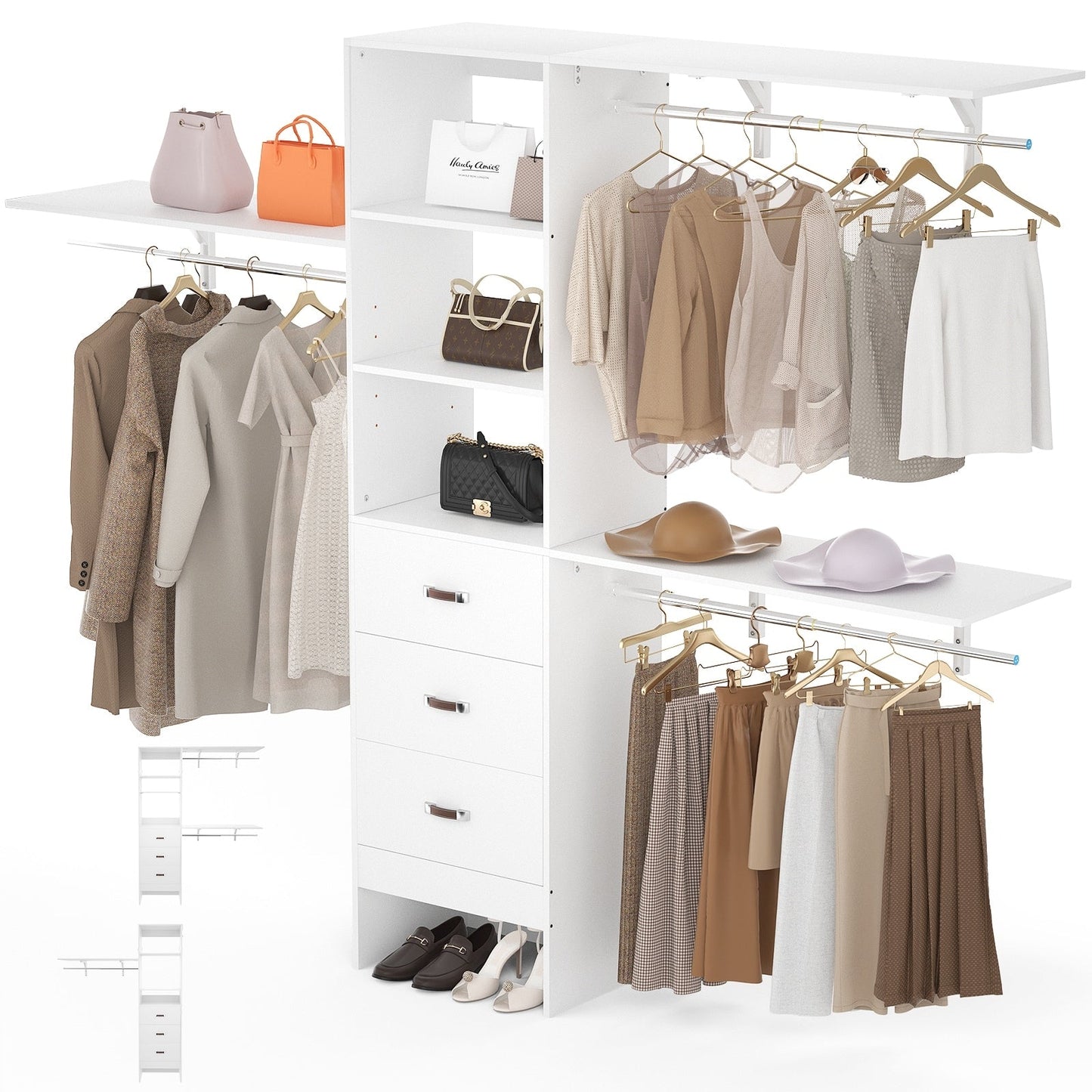 Rackcog 120'' Adjustable Closet Organizer with Drawers, Closet System with DIY Shelves for Reach-in and Walk-in Closet