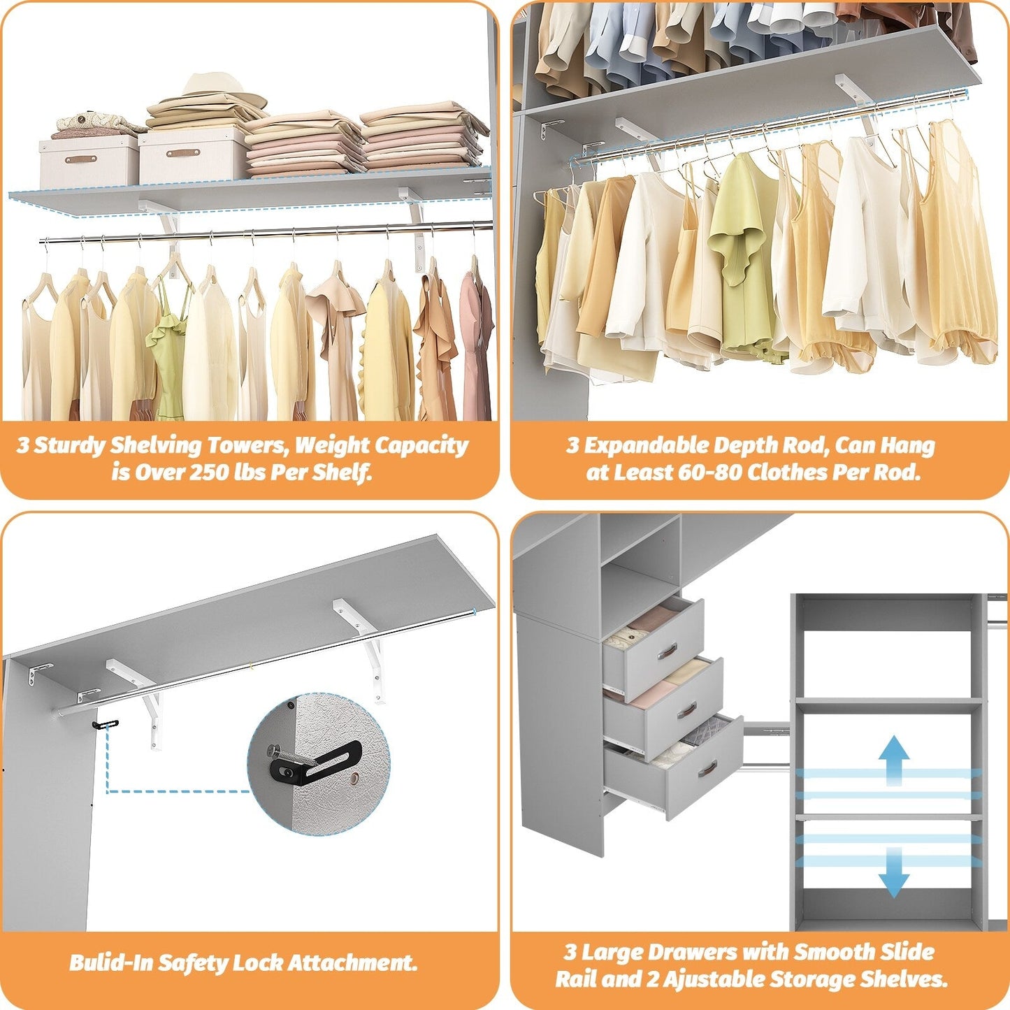 Rackcog 120'' Adjustable Closet Organizer with Drawers, Closet System with DIY Shelves for Reach-in and Walk-in Closet