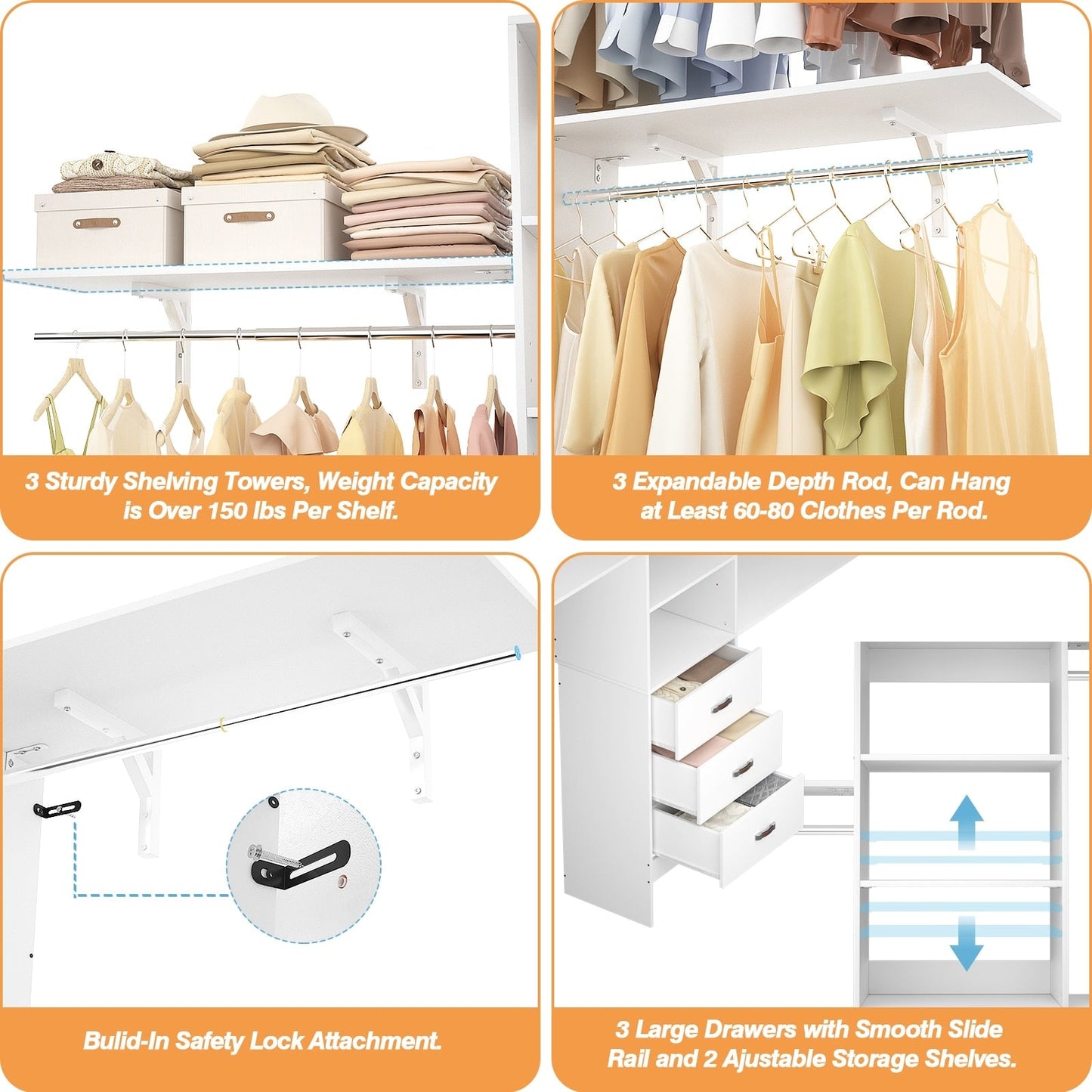 Rackcog 120'' Adjustable Closet Organizer with Drawers, Closet System with DIY Shelves for Reach-in and Walk-in Closet