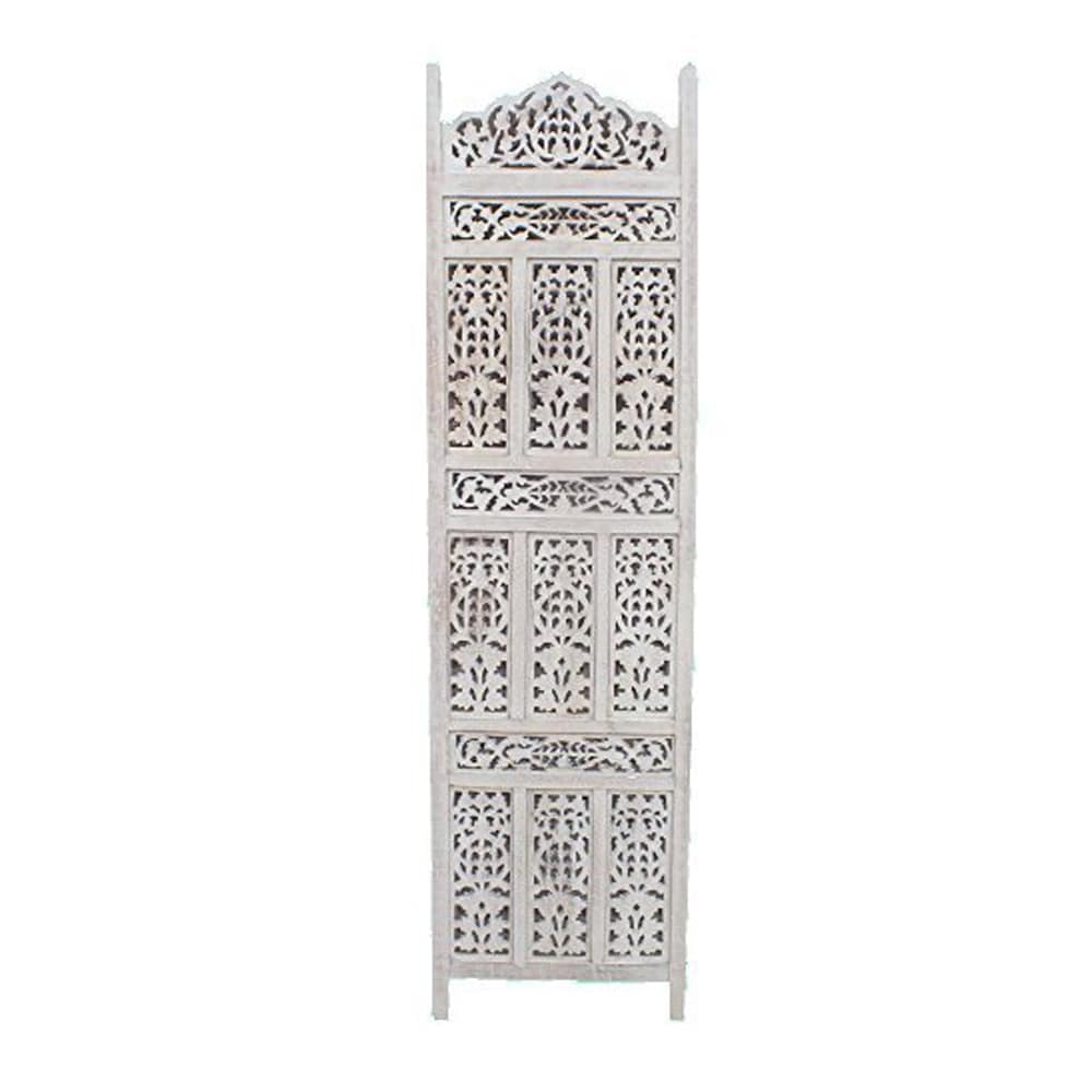 Aesthetically Carved 4 Panel Wooden Partition Screen/Room Divider, Distressed White