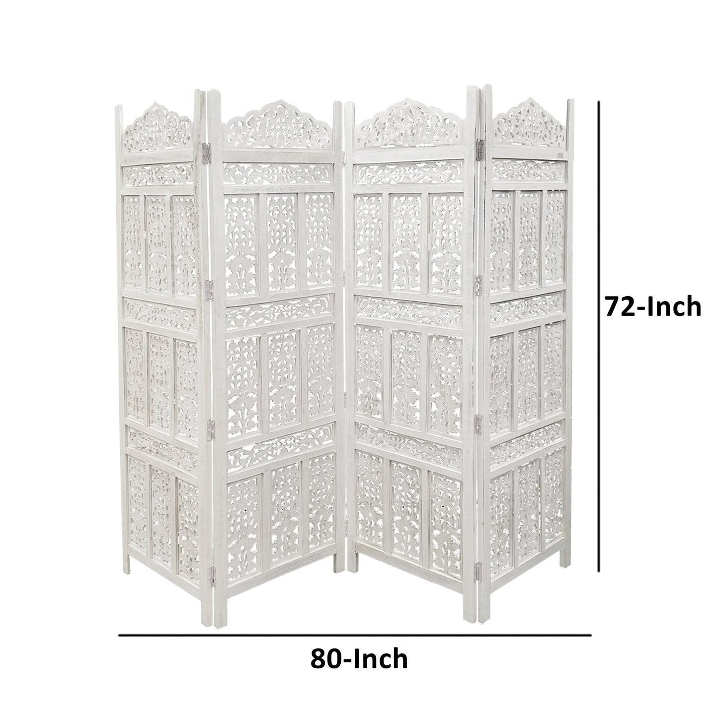 Aesthetically Carved 4 Panel Wooden Partition Screen/Room Divider, Distressed White
