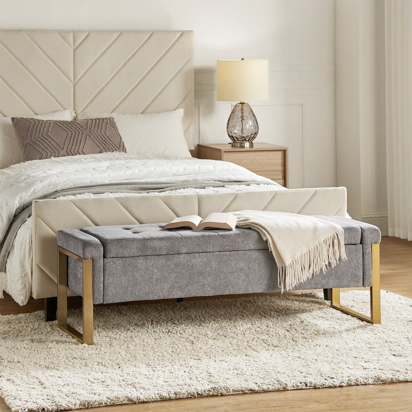 Alina Modern Upholstered Flip Top Storage Bench with Metal Legs by HULALA HOME