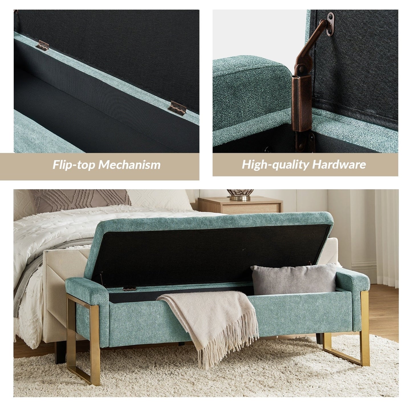 Alina Modern Upholstered Flip Top Storage Bench with Metal Legs by HULALA HOME