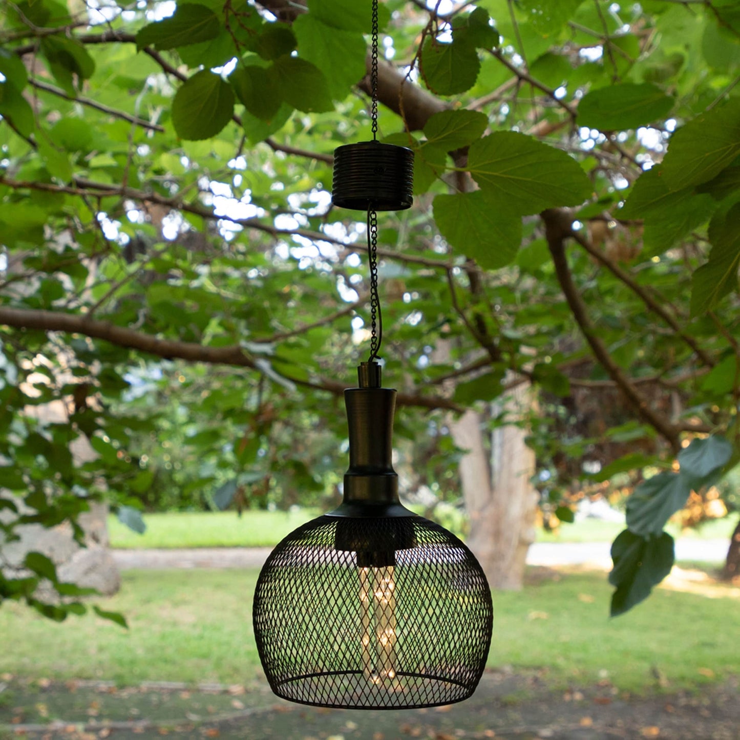 Alpine Corporation 10 Tall Hanging Solar Powered Outdoor Mesh Lantern with LED Lights, Black