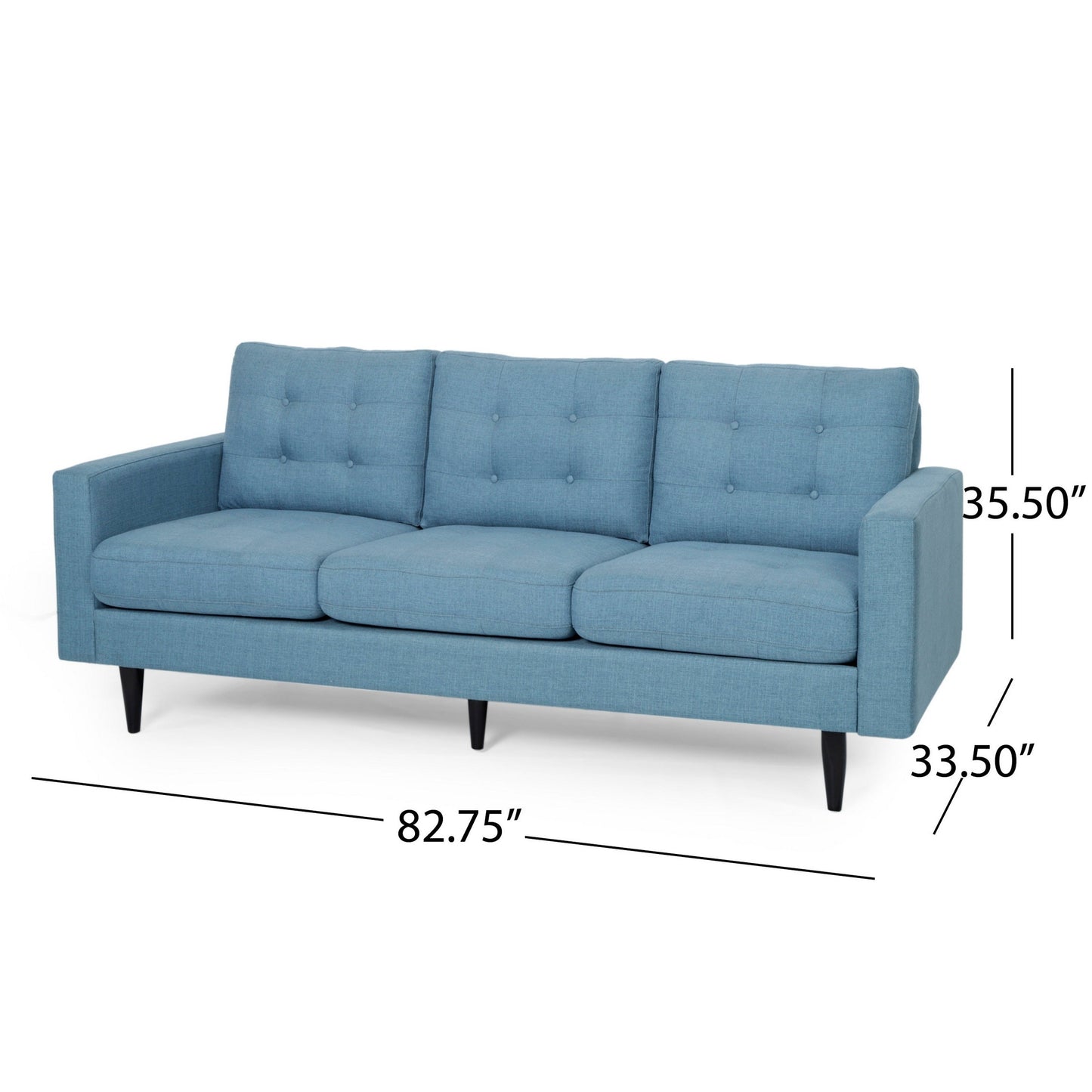 Canapé Apex, 3 places, 83 pouces, capitonné, tissu bleu clair, noir