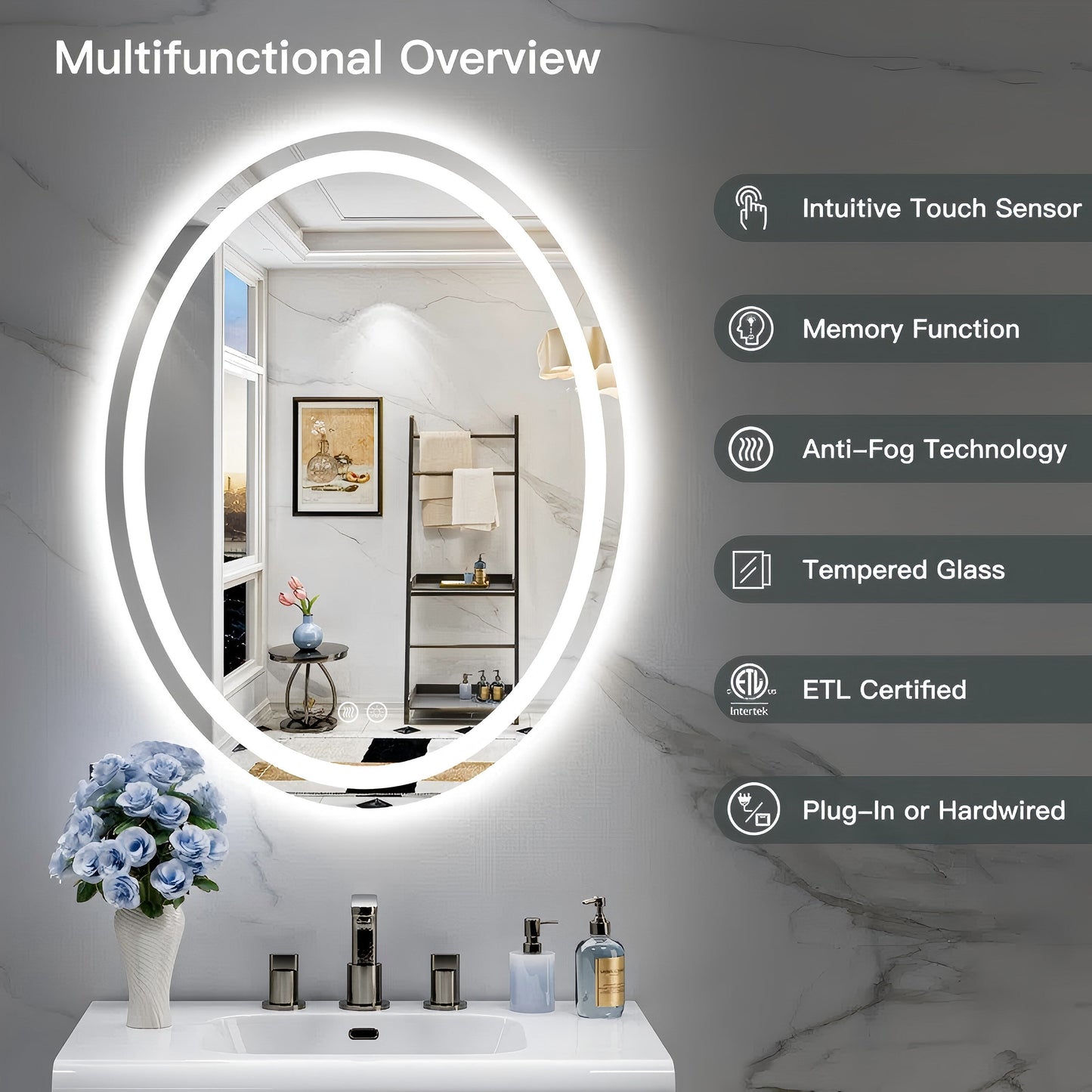 Oval LED Lighted Anti-Fog Wall Bathroom Vanity Mirror