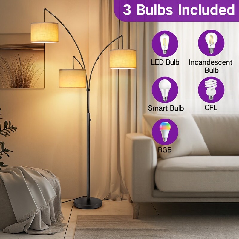 Arc LED Floor Lamp Dimmable Modern Black 3 Light Arched Tall Floor Lamp