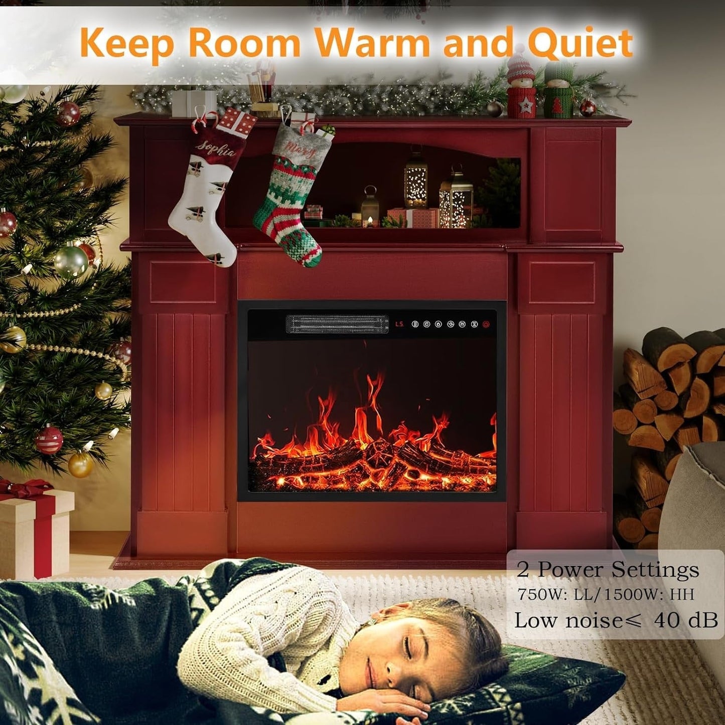 BOSSIN 43 Electric Fireplace with Mantel, 23 inch Electric Fireplace Insert,Freestanding TV Stand with Fireplace Wooden Firebox
