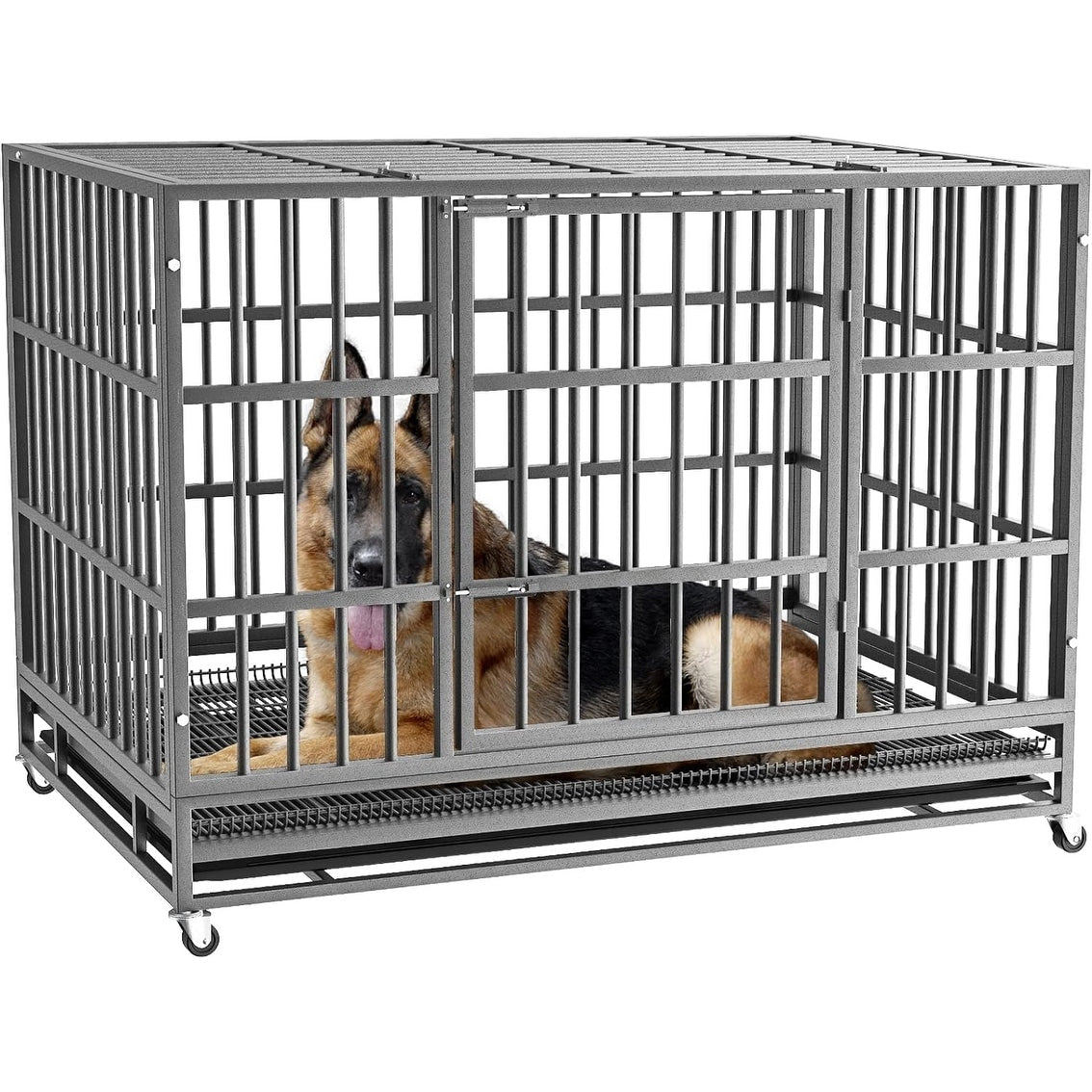 BOSSIN 48/38 inch Heavy Duty Indestructible Dog Crate, Escape Proof Dog Cage Kennel with Lockable Wheels