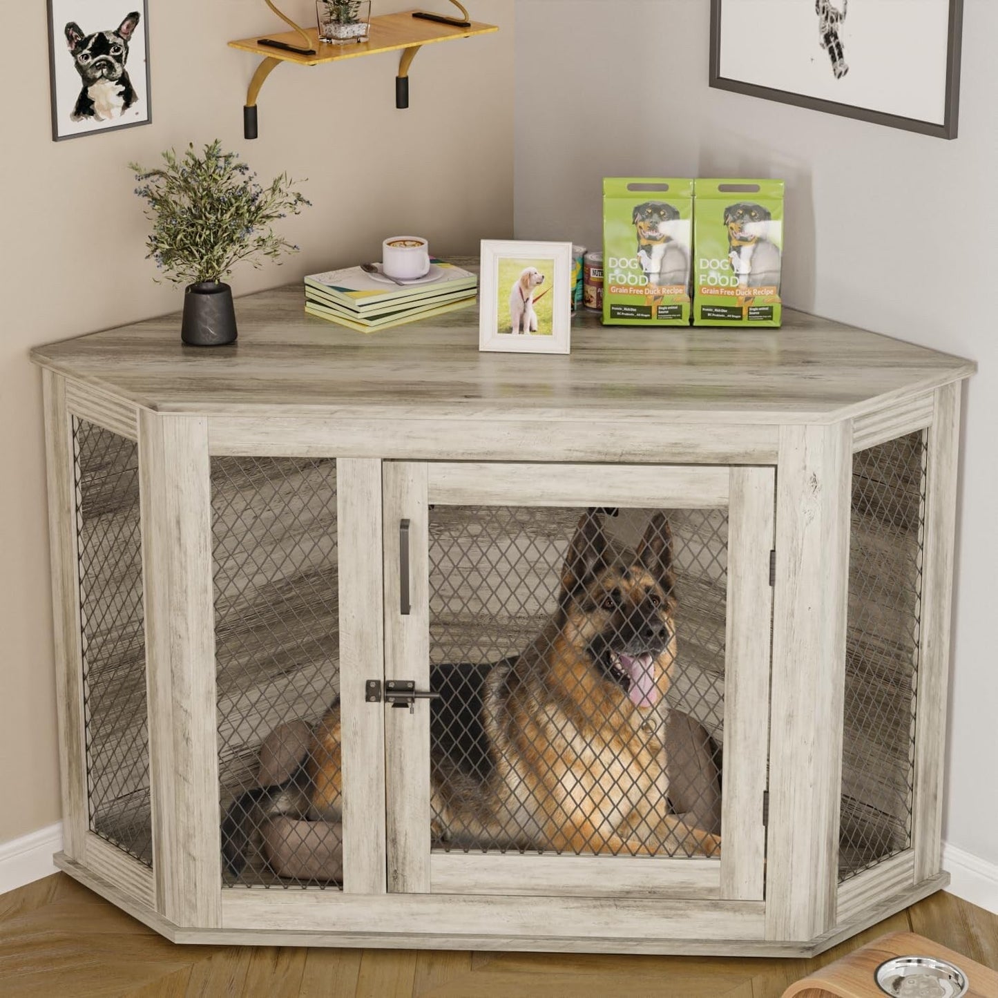 BOSSIN Corner Dog Crate Furniture,44/52 inch Wooden Dog Kennel Furniture with Mesh,Decorative Wood Dog House for Indoor use