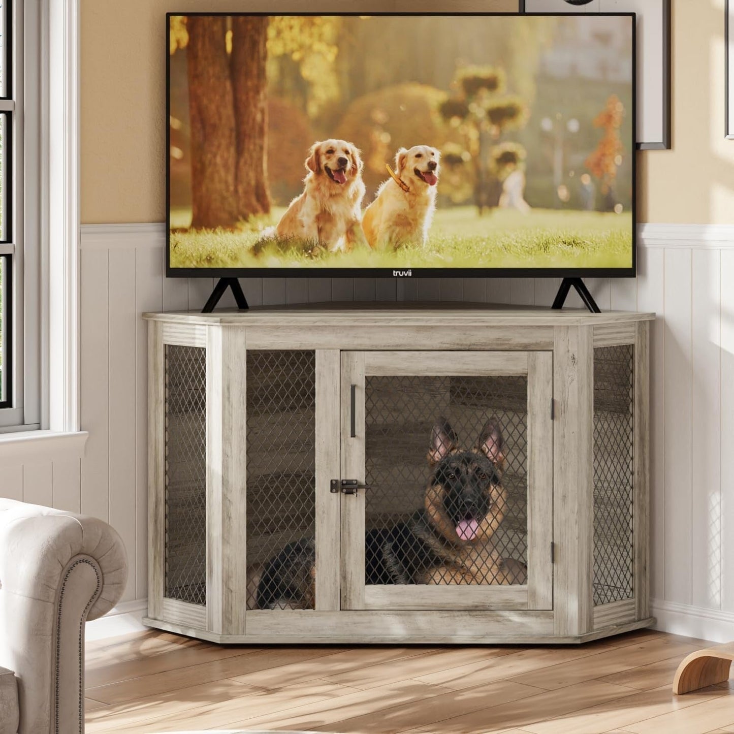 BOSSIN Corner Dog Crate Furniture,44/52 inch Wooden Dog Kennel Furniture with Mesh,Decorative Wood Dog House for Indoor use