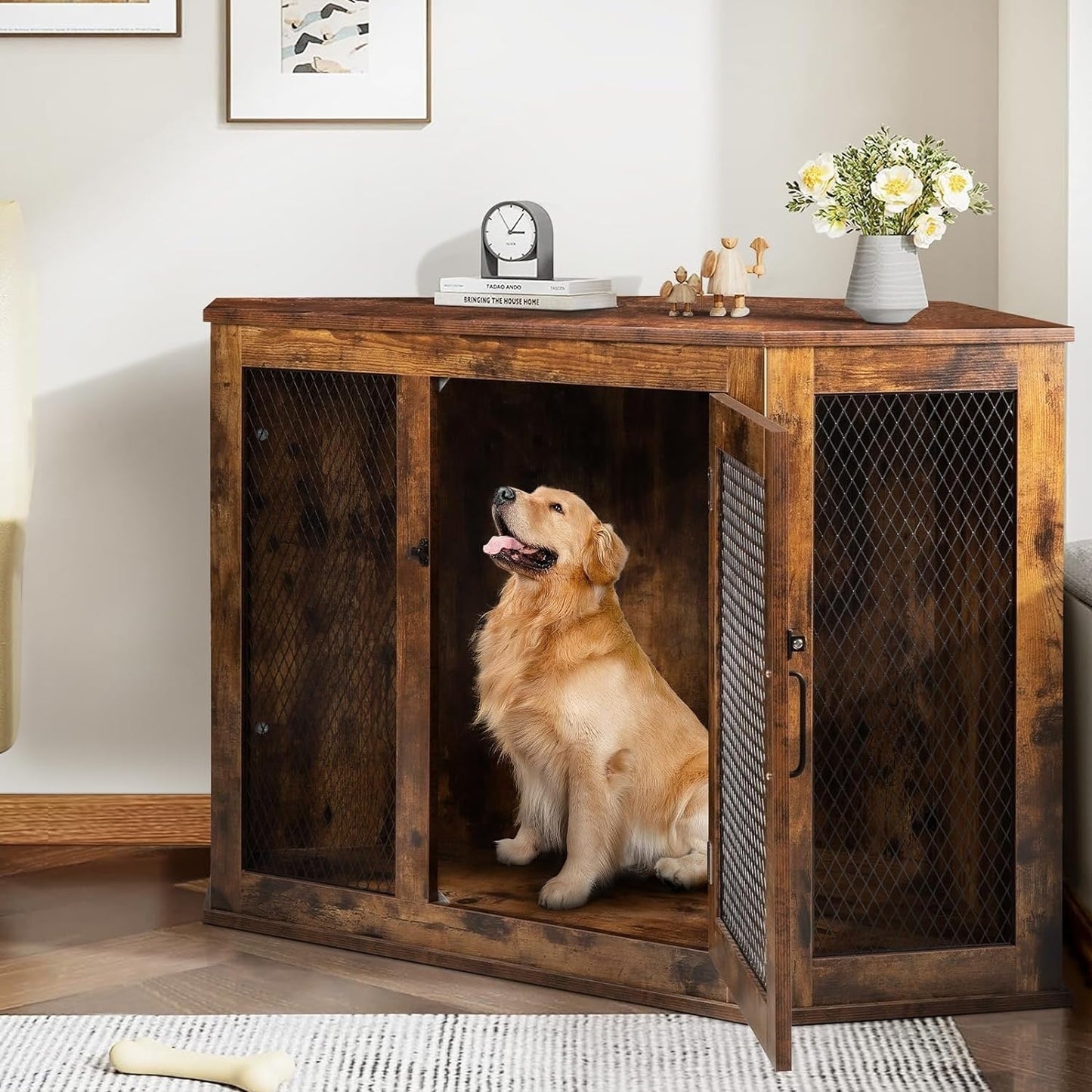 BOSSIN Corner Dog Crate Furniture,44/52 inch Wooden Dog Kennel Furniture with Mesh,Decorative Wood Dog House for Indoor use