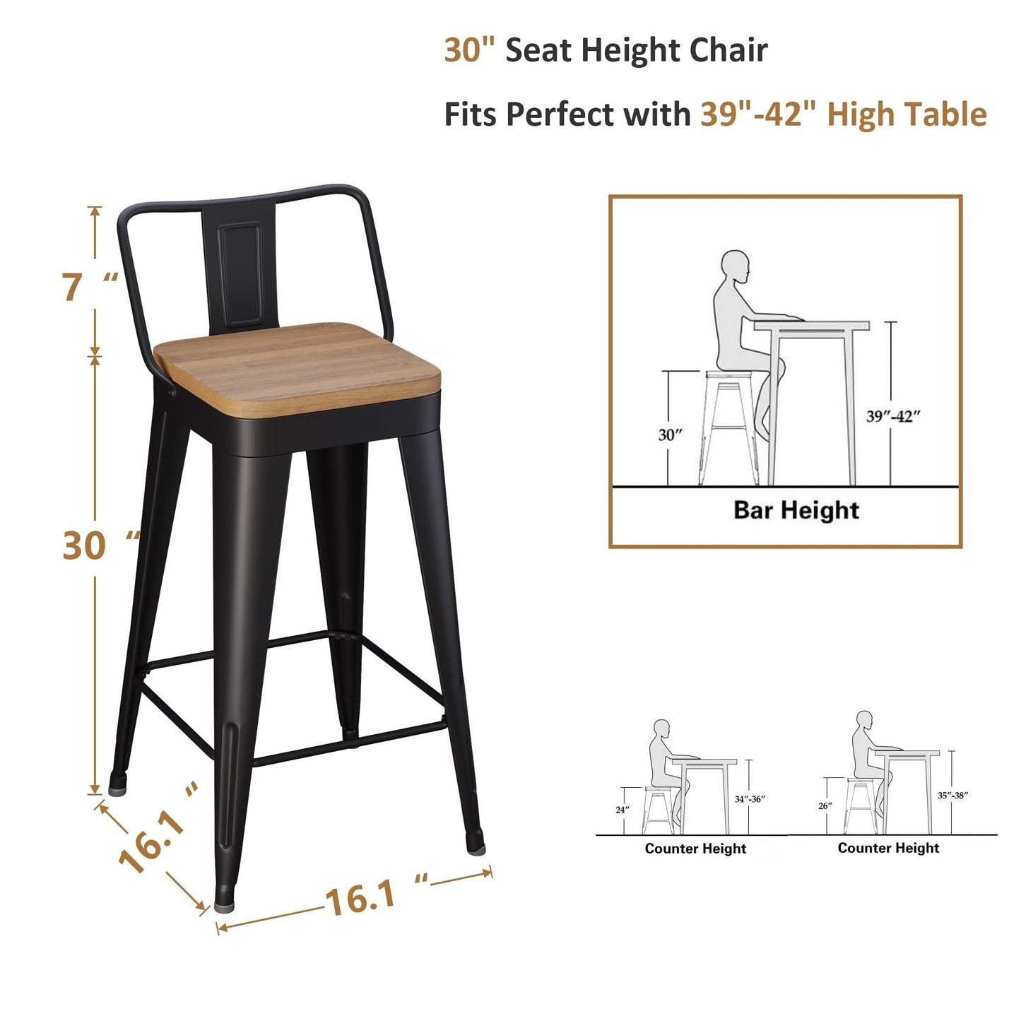 Bar Stools With Back set of 4 Industrial Metal Barstools with Wooden Seats