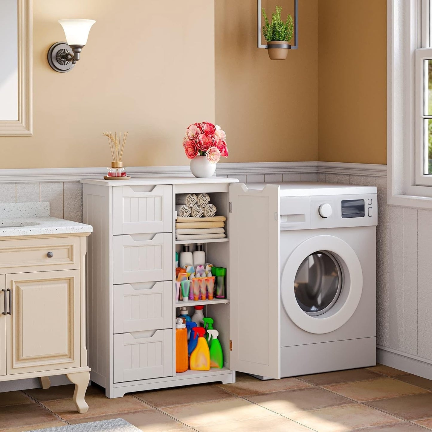 Bathroom Floor Storage Cabinet, Free-Standing Floor Storage Cabinet with 4 Draws and Adjustable Shelf