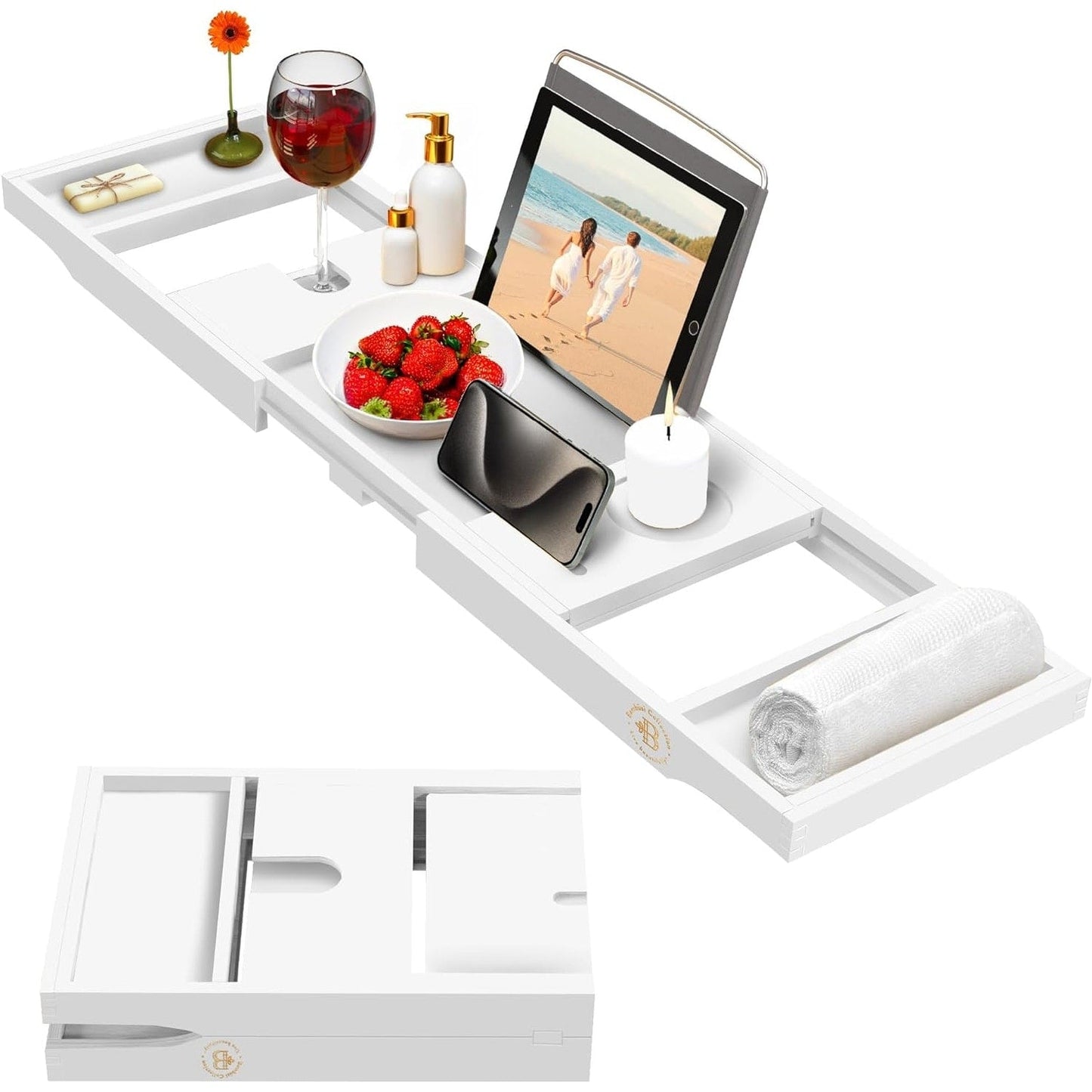 Bamboo Bathtub Tray for Tub - Expandable Bath Tray, Book & Tablet Holder - Bath Table, Tub Tray, Bathtub Caddy, Foldable Design