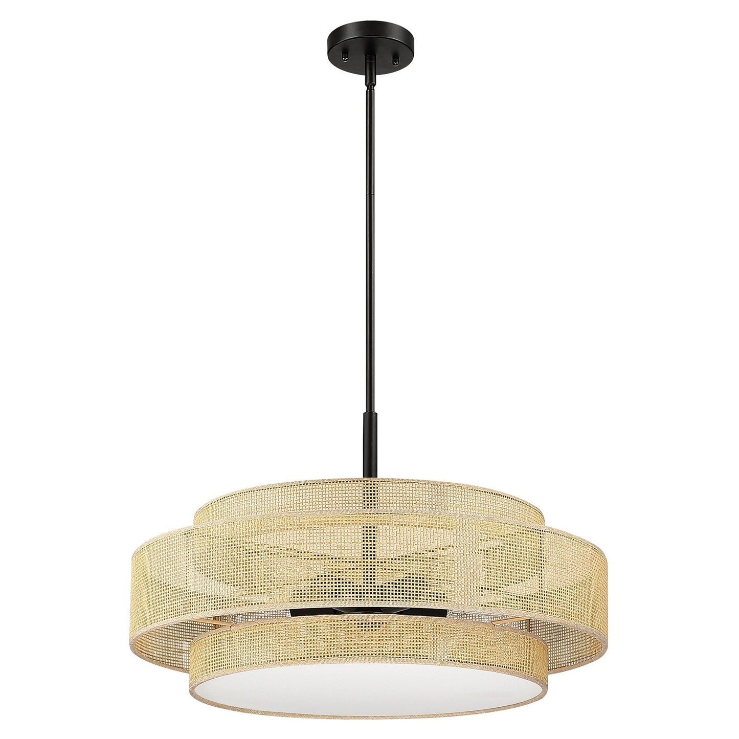 Bayou 5-Light Black Coastal Drum Chandelier with Double Rattan Shade - 24''W