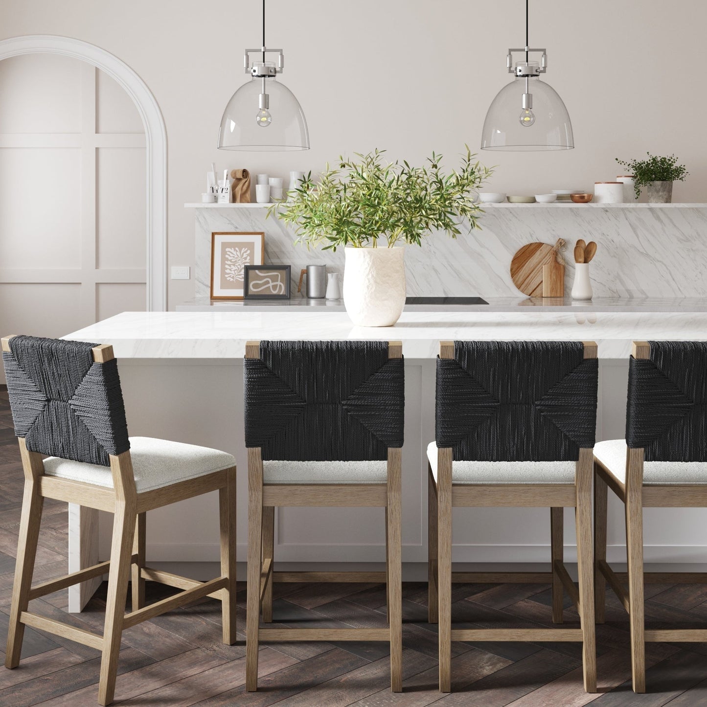 Beacon Bohemian Boucle Bar Stool, Upholstered Counter Height Chair with Solid Wood Frame and Woven Seagrass Back