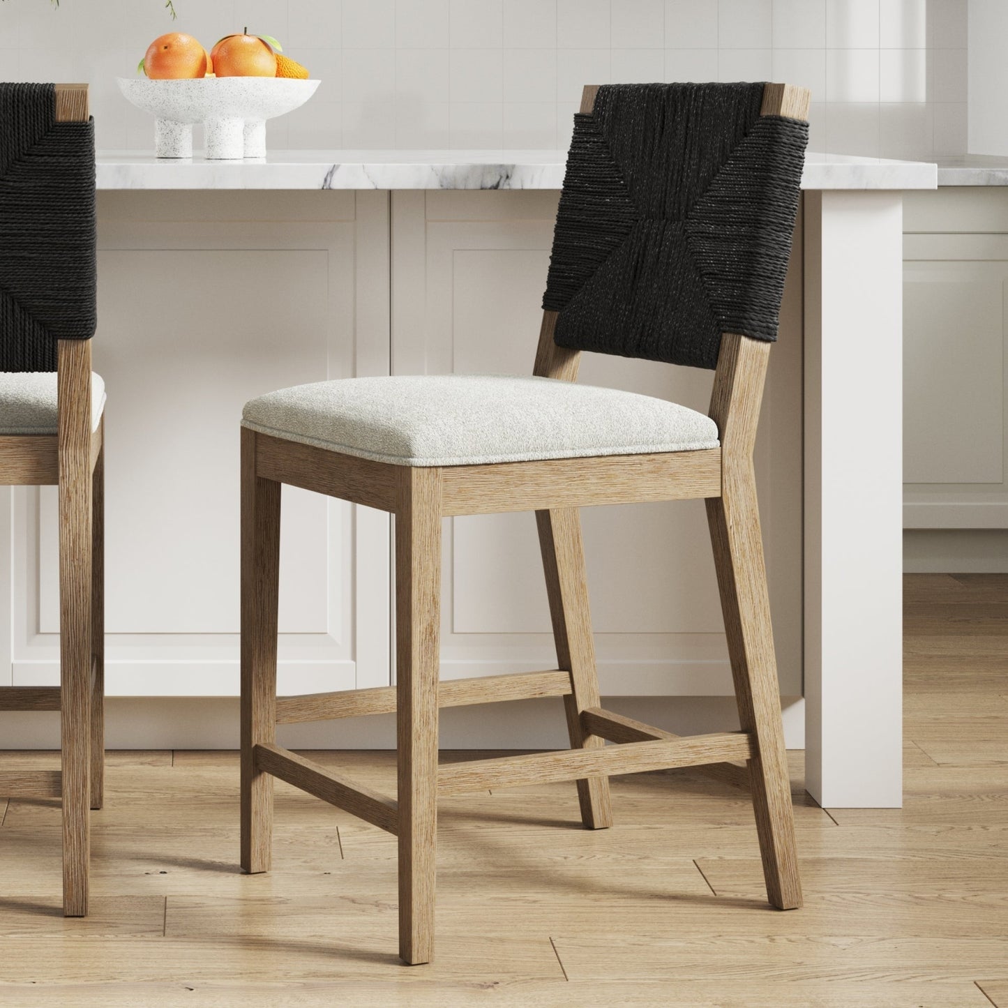 Beacon Bohemian Boucle Bar Stool, Upholstered Counter Height Chair with Solid Wood Frame and Woven Seagrass Back