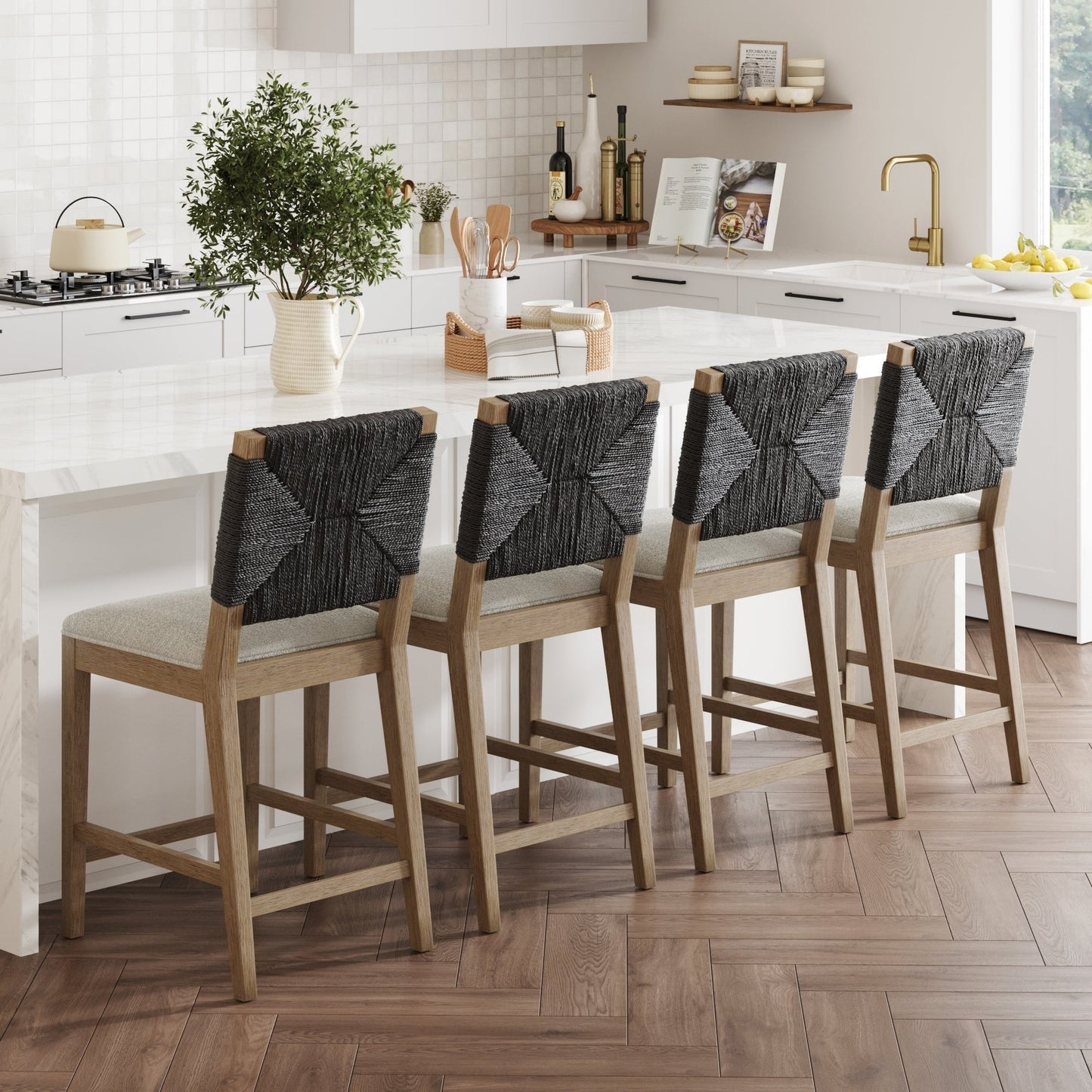 Beacon Bohemian Boucle Bar Stool, Upholstered Counter Height Chair with Solid Wood Frame and Woven Seagrass Back