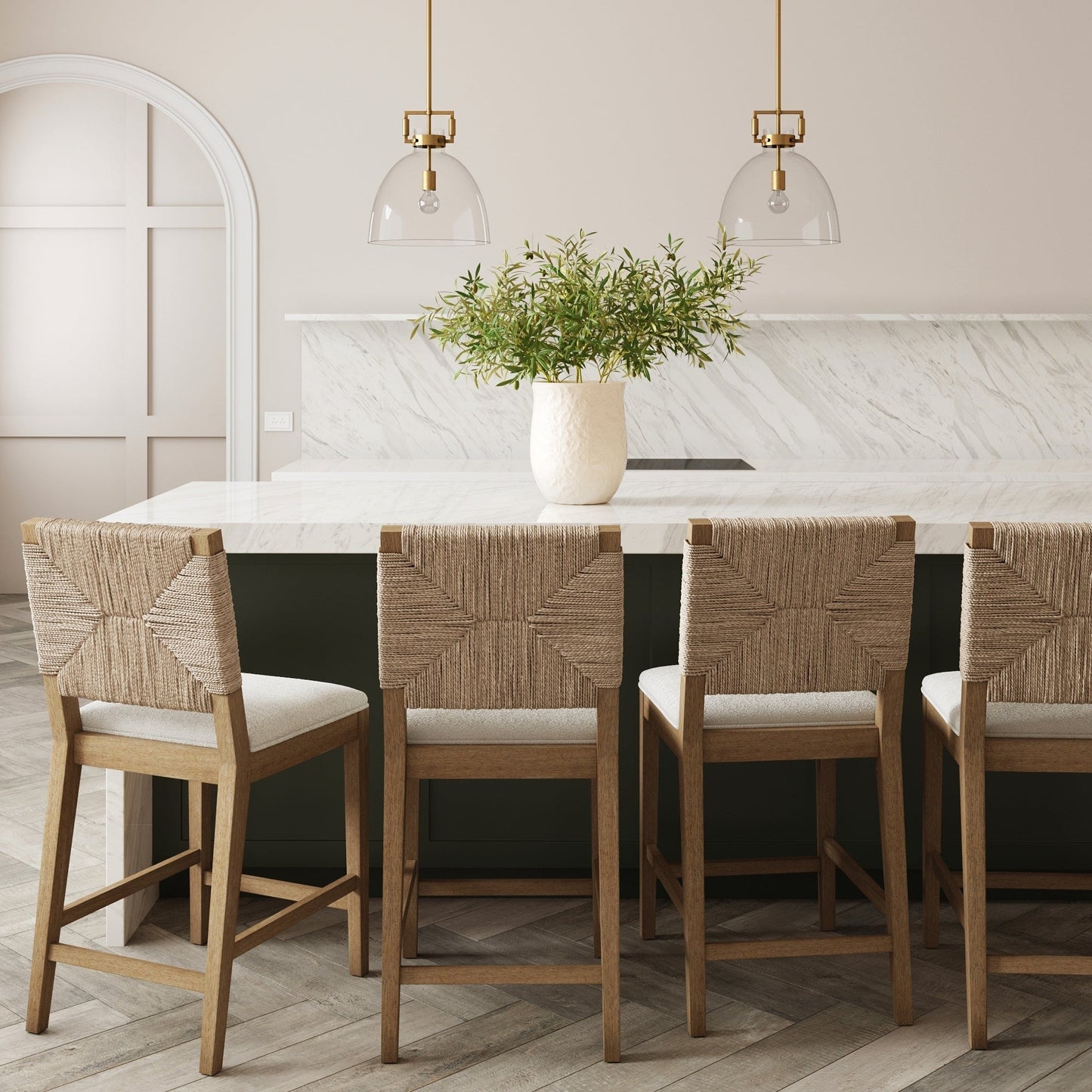 Beacon Bohemian Boucle Bar Stool, Upholstered Counter Height Chair with Solid Wood Frame and Woven Seagrass Back