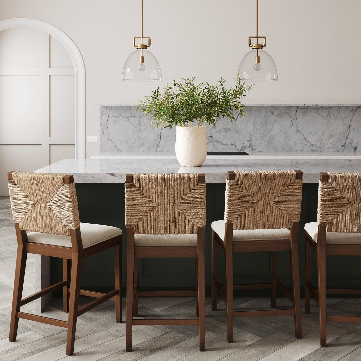 Beacon Bohemian Boucle Bar Stool, Upholstered Counter Height Chair with Solid Wood Frame and Woven Seagrass Back
