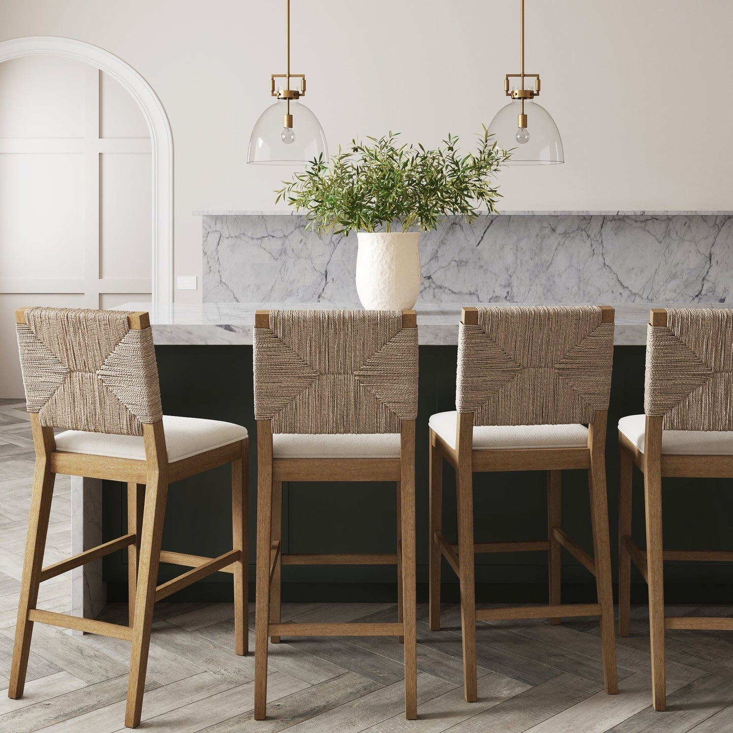 Beacon Bohemian Boucle Bar Stool, Upholstered Counter Height Chair with Solid Wood Frame and Woven Seagrass Back