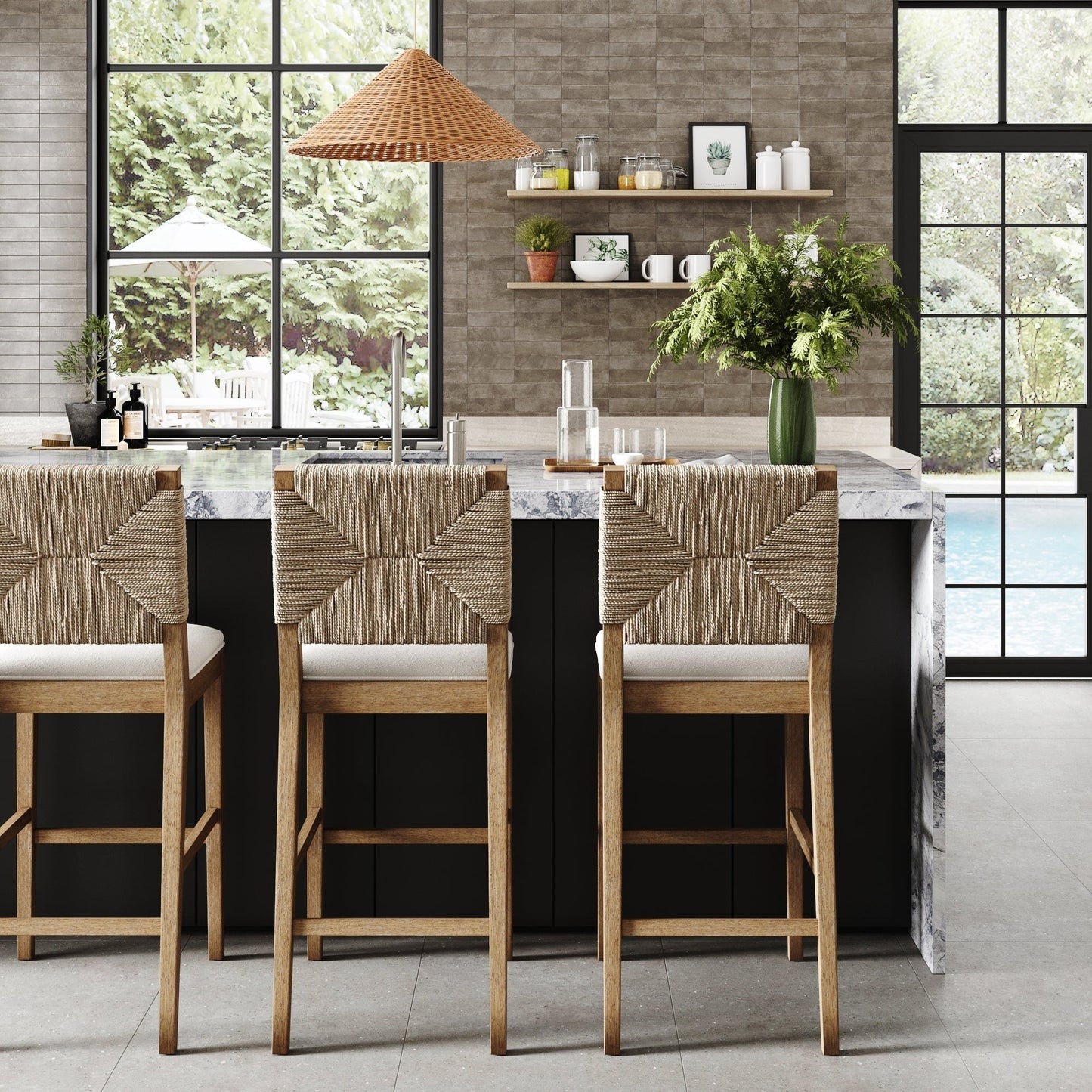 Beacon Bohemian Boucle Bar Stool, Upholstered Counter Height Chair with Solid Wood Frame and Woven Seagrass Back