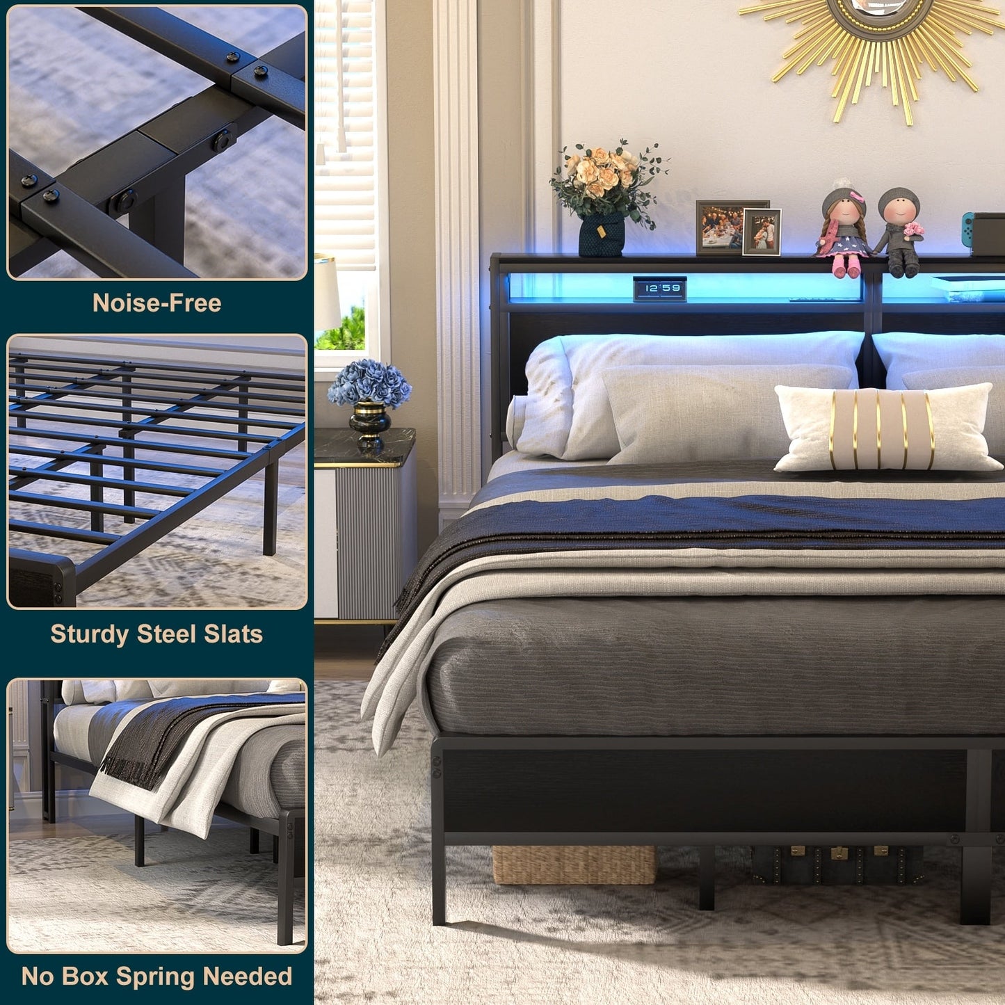 Farmhouse Wood Platform Bed Frame with Charged Station and LED Lights