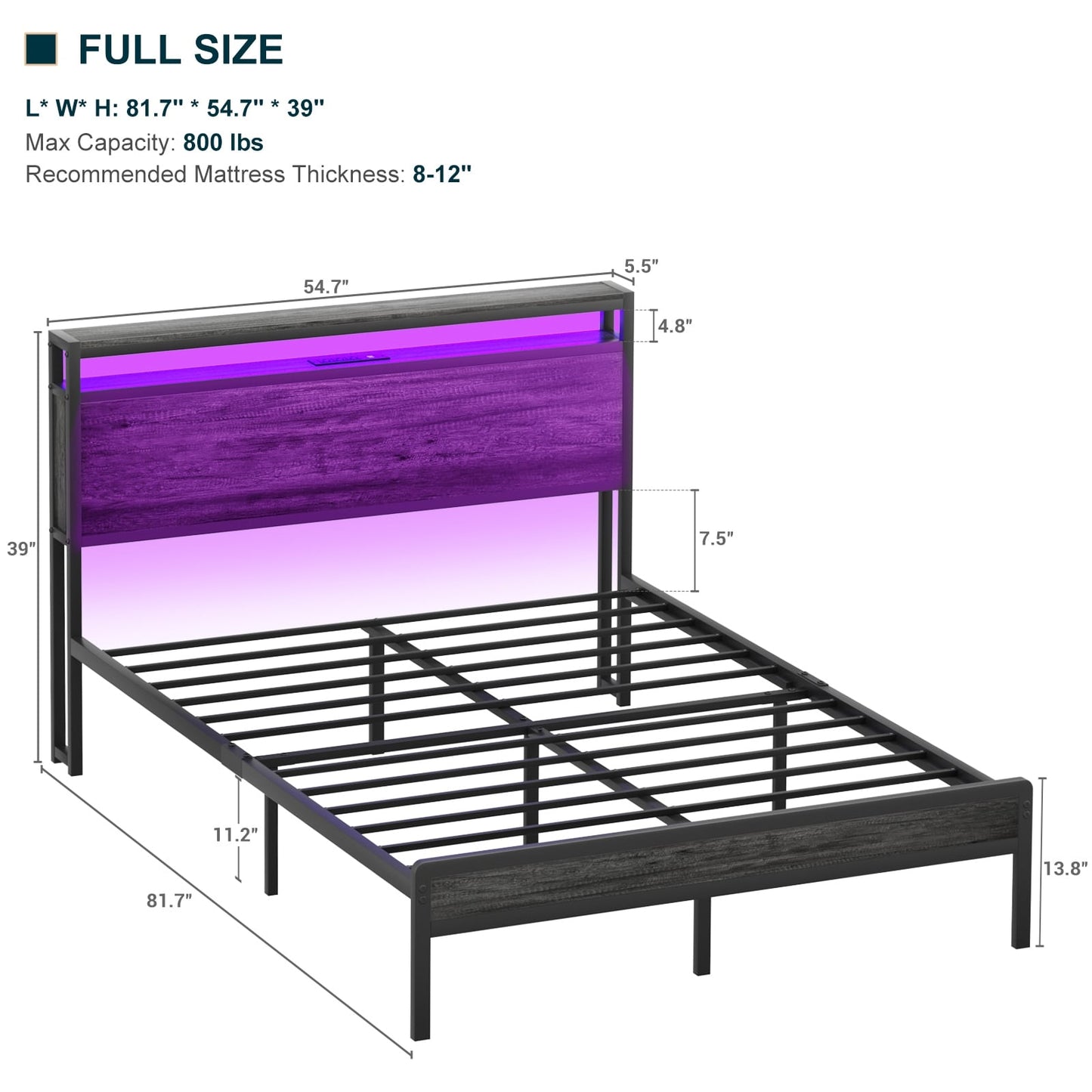 Farmhouse Wood Platform Bed Frame with Charged Station and LED Lights
