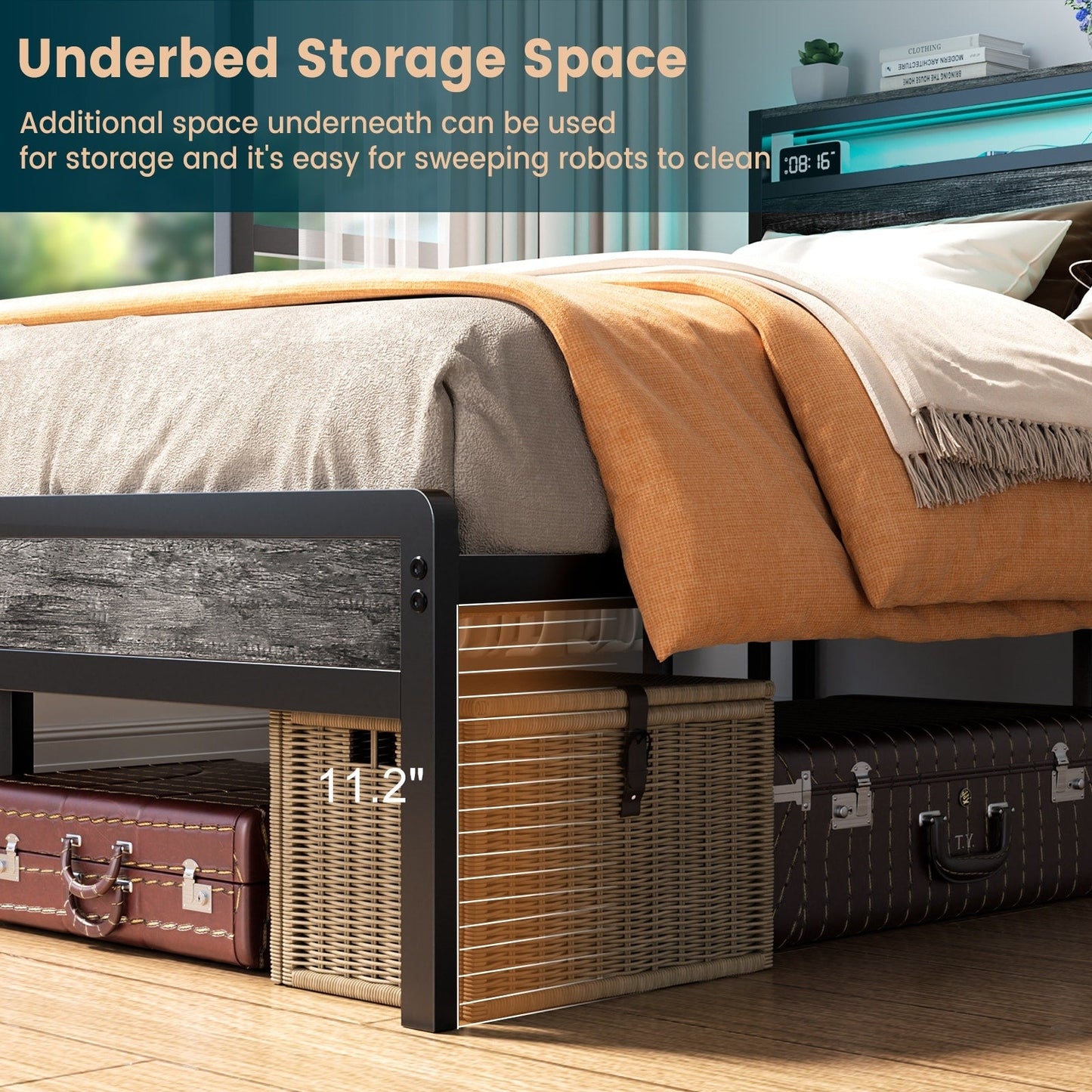 Farmhouse Wood Platform Bed Frame with Charged Station and LED Lights
