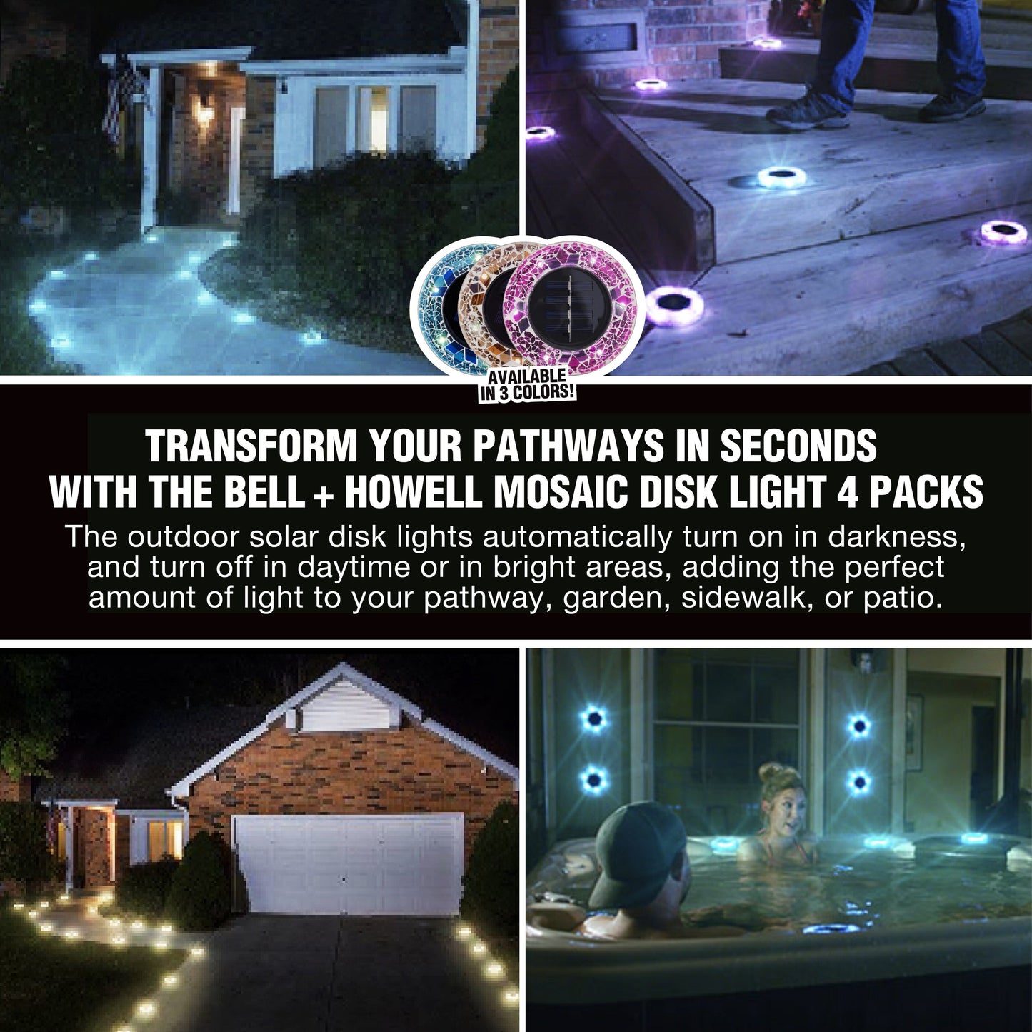 Bell + Howell 6 LED Round Blue Mosaic Solar Powered Disk Lights with Auto On/Off - 4 Pack