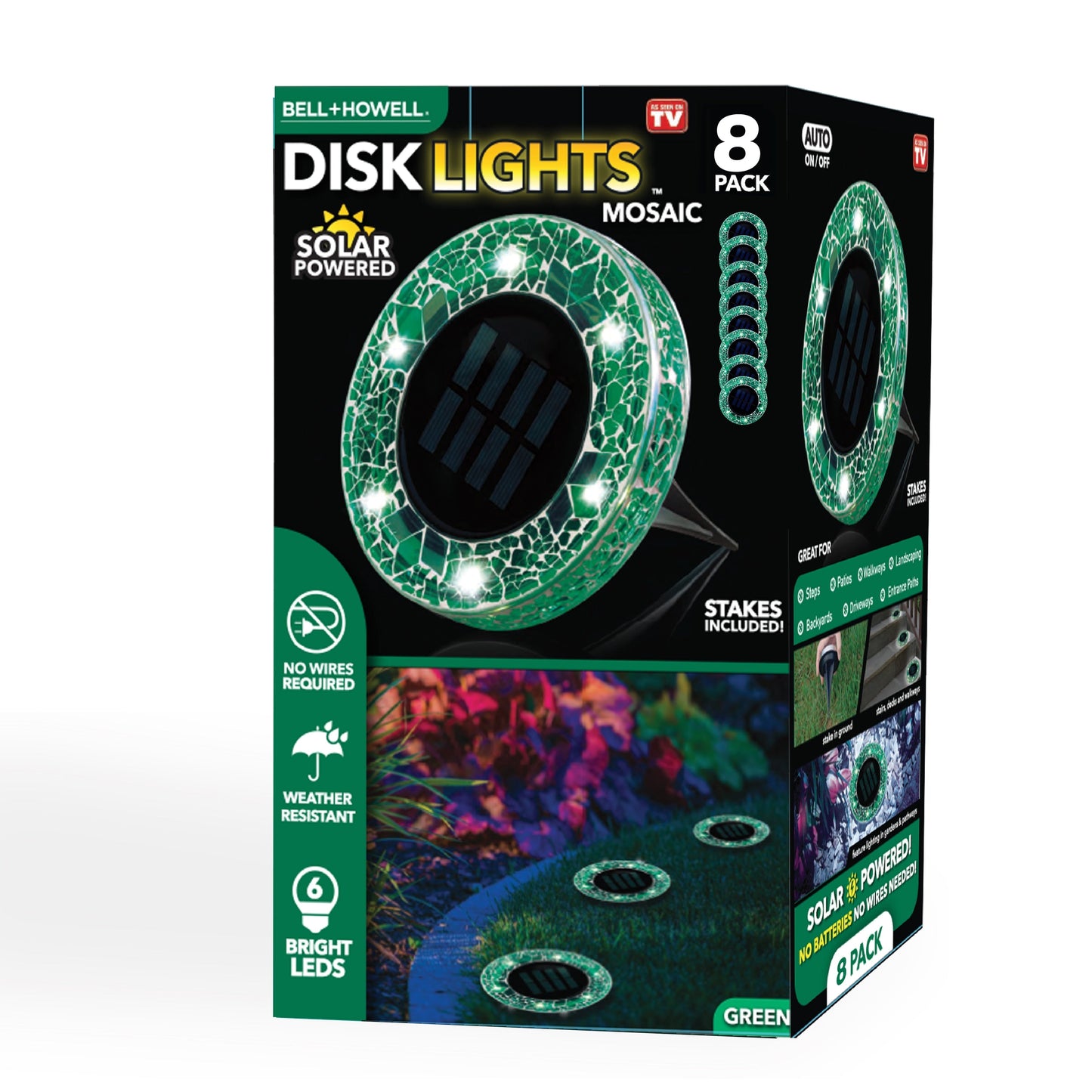 Bell + Howell 6 LED Round Green Mosaic Solar Powered Disk Lights with Auto On/Off - 4 Pack