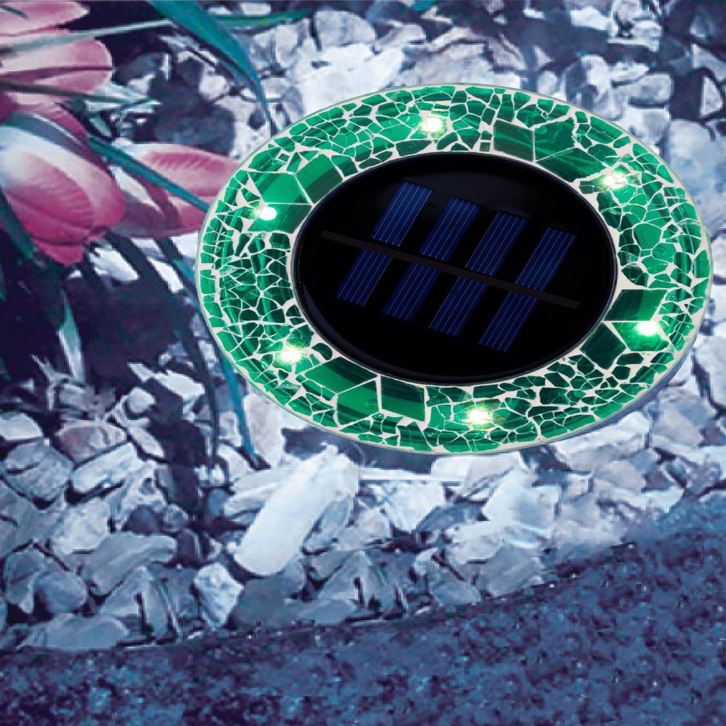 Bell + Howell 6 LED Round Green Mosaic Solar Powered Disk Lights with Auto On/Off - 4 Pack
