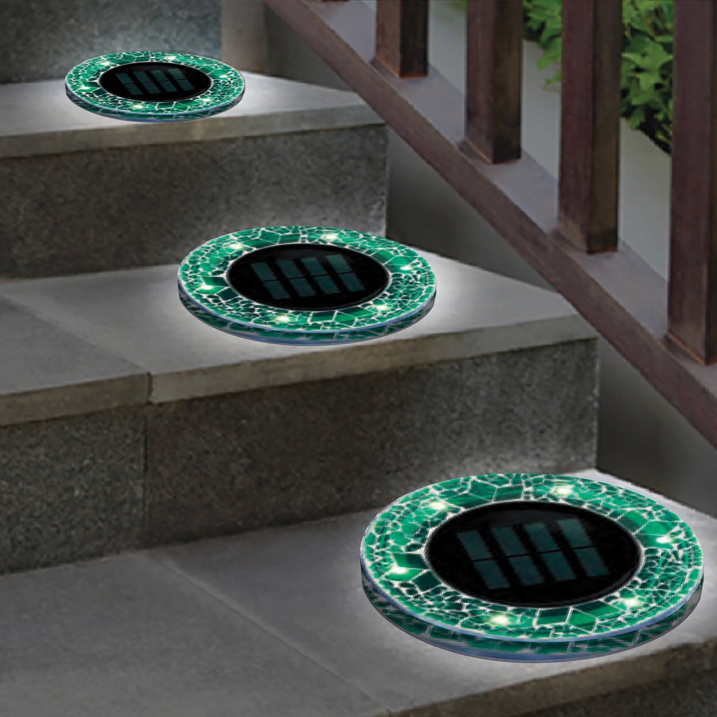 Bell + Howell 6 LED Round Green Mosaic Solar Powered Disk Lights with Auto On/Off - 4 Pack