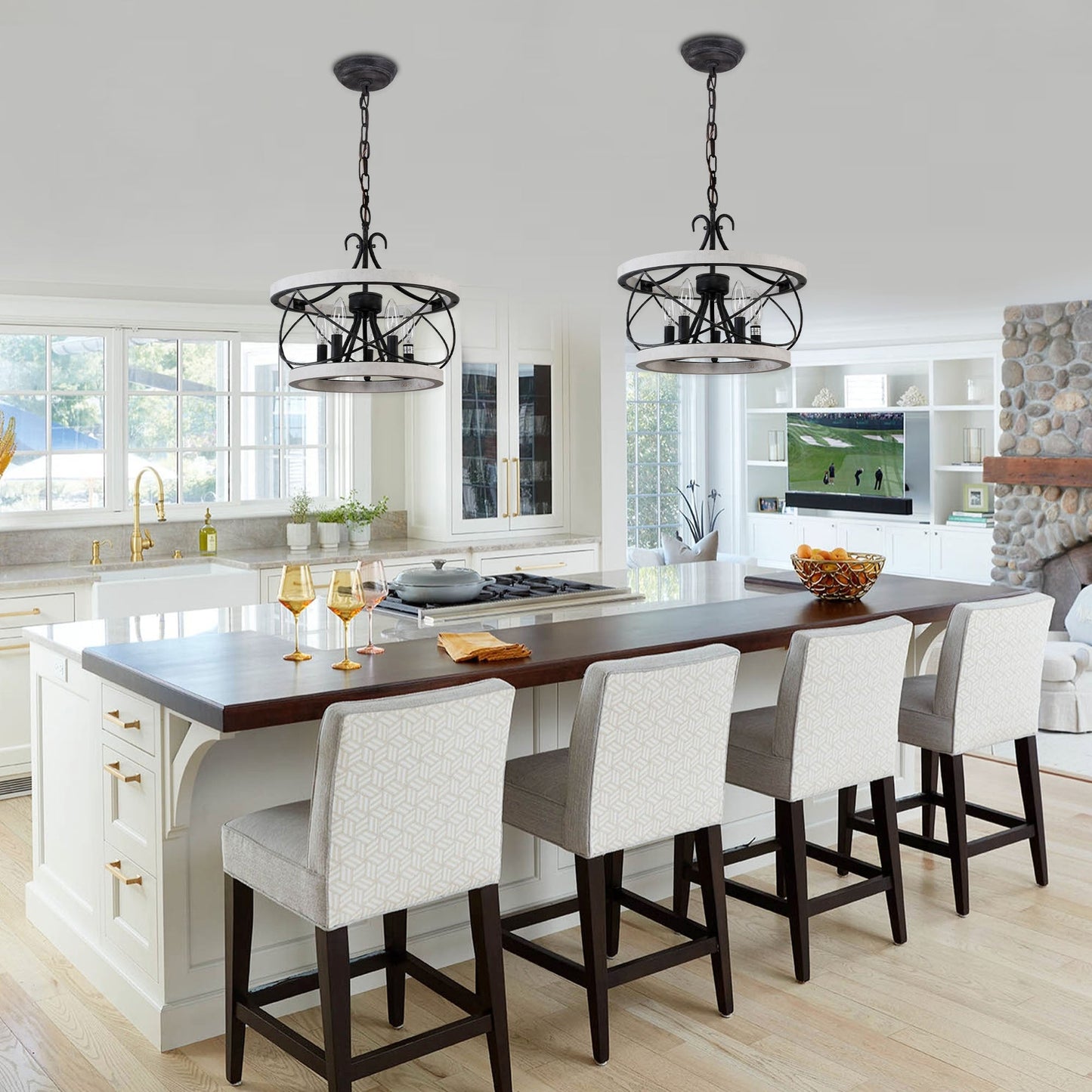 Bella Depot 5-Light Rustic Cage Wood Chandelier Dimmable Lighting, 15.7 Adjustable Farmhouse Pendant Light for Kitchen Island