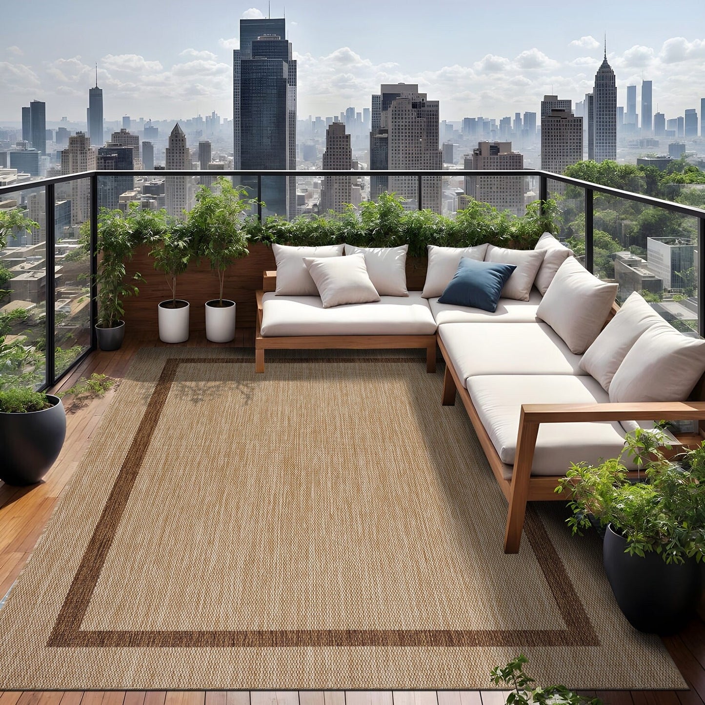 Beverly Rug Modern Bordered Indoor Outdoor Rug, Outside Carpet for Patio, Deck, Porch