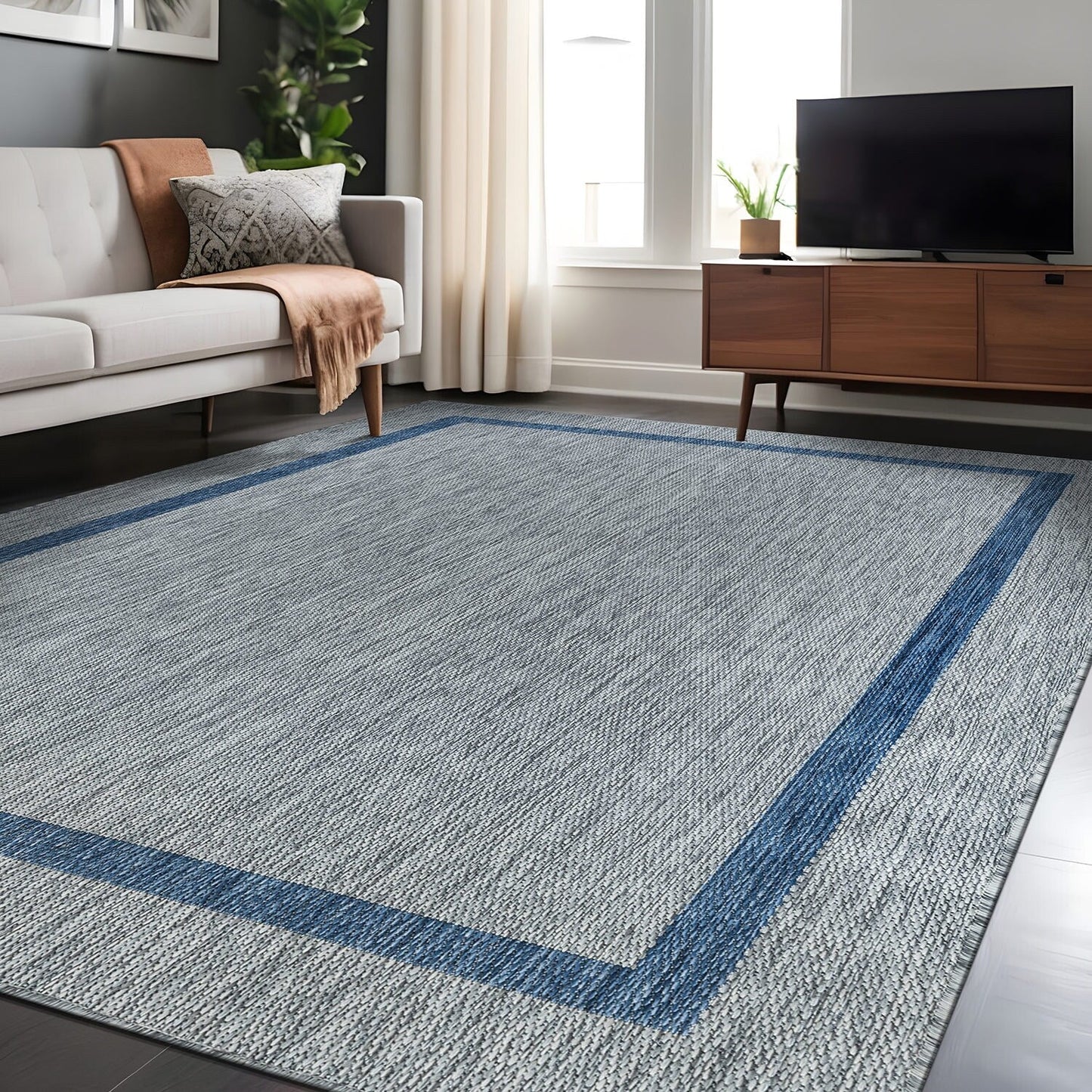Beverly Rug Modern Bordered Indoor Outdoor Rug, Outside Carpet for Patio, Deck, Porch
