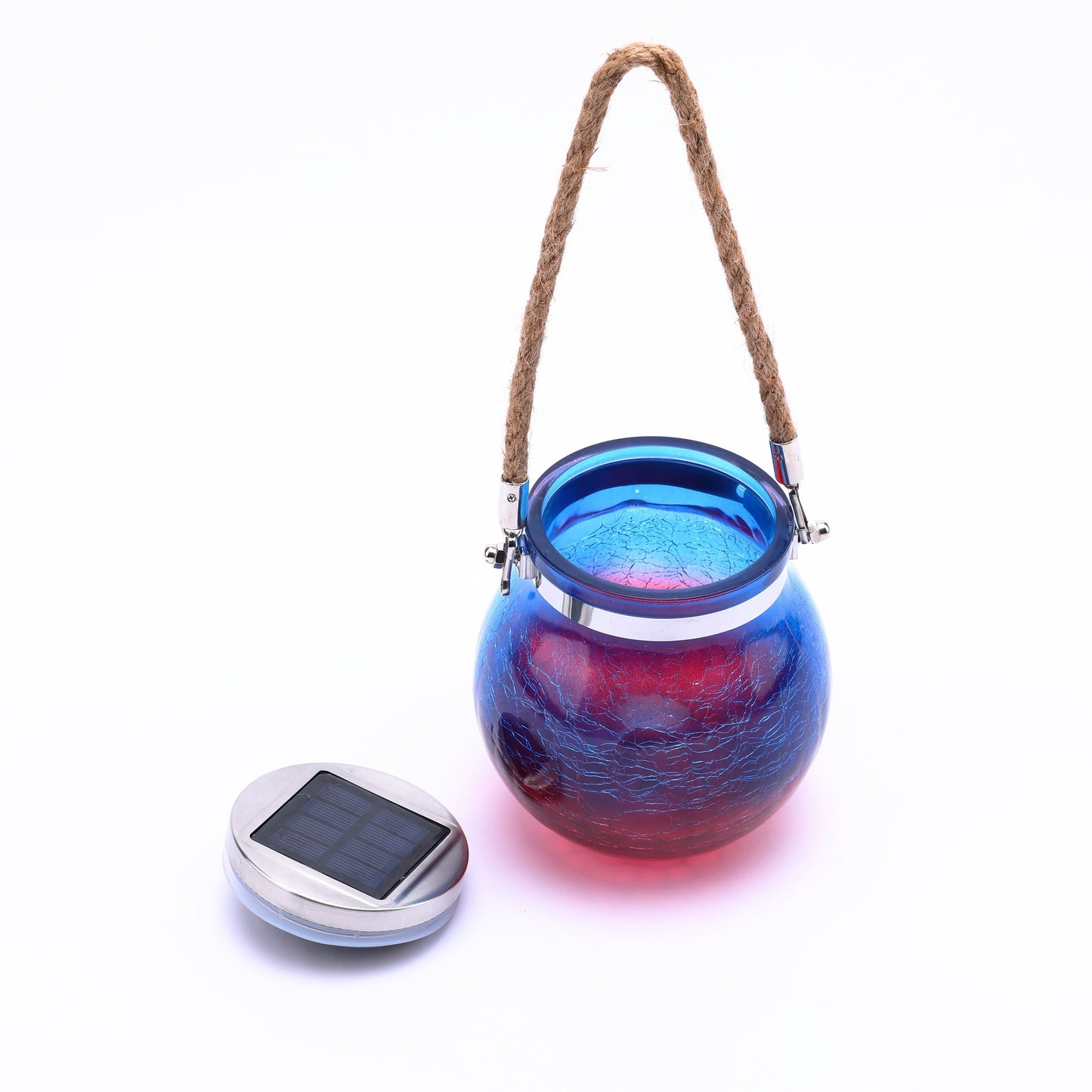 Blue and Red Crackle Glass Solar Outdoor Hanging and Table Lantern