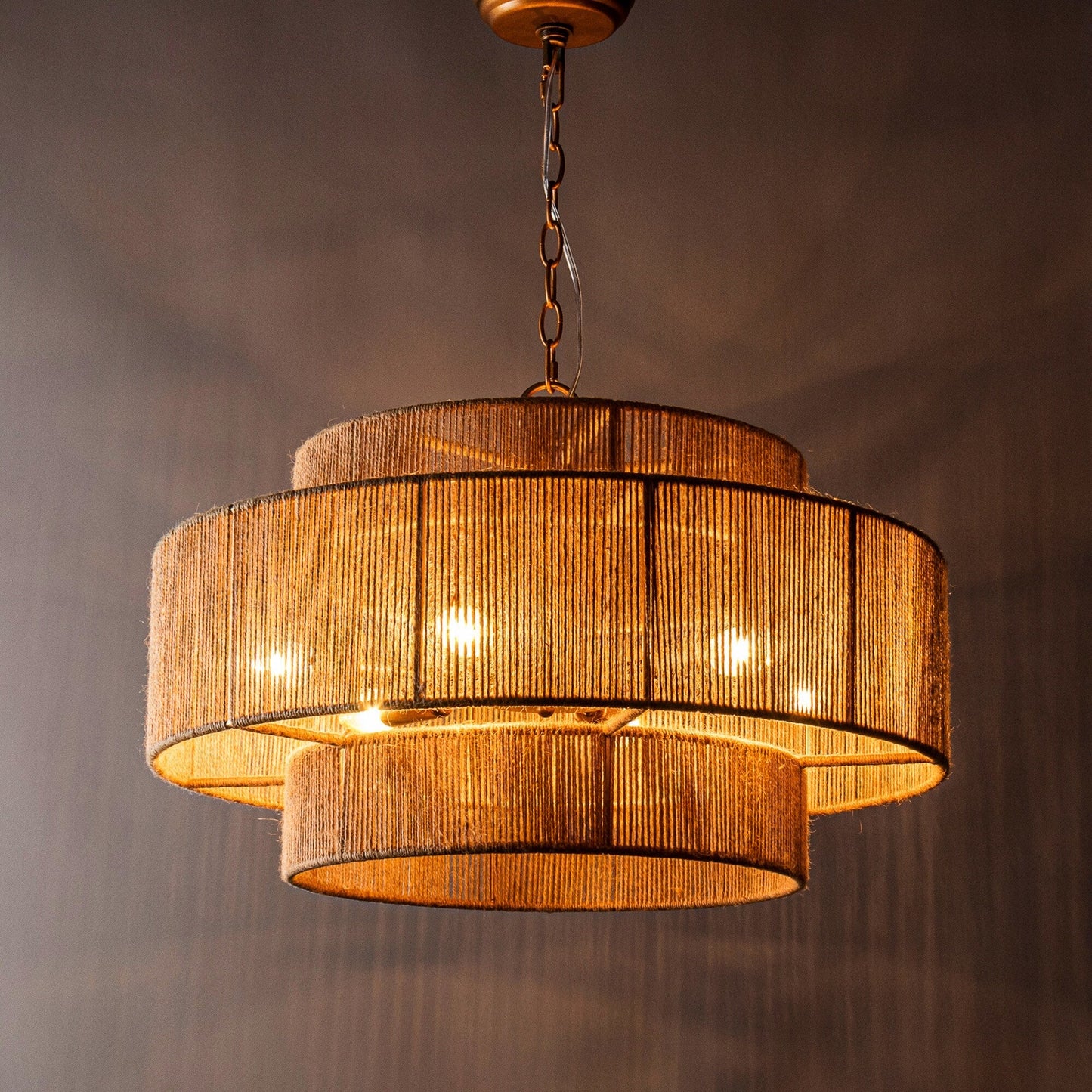 Bohemian Brown Hemp Rope Tiered Drum Chandelier Light - 23.62 W x 15.16H