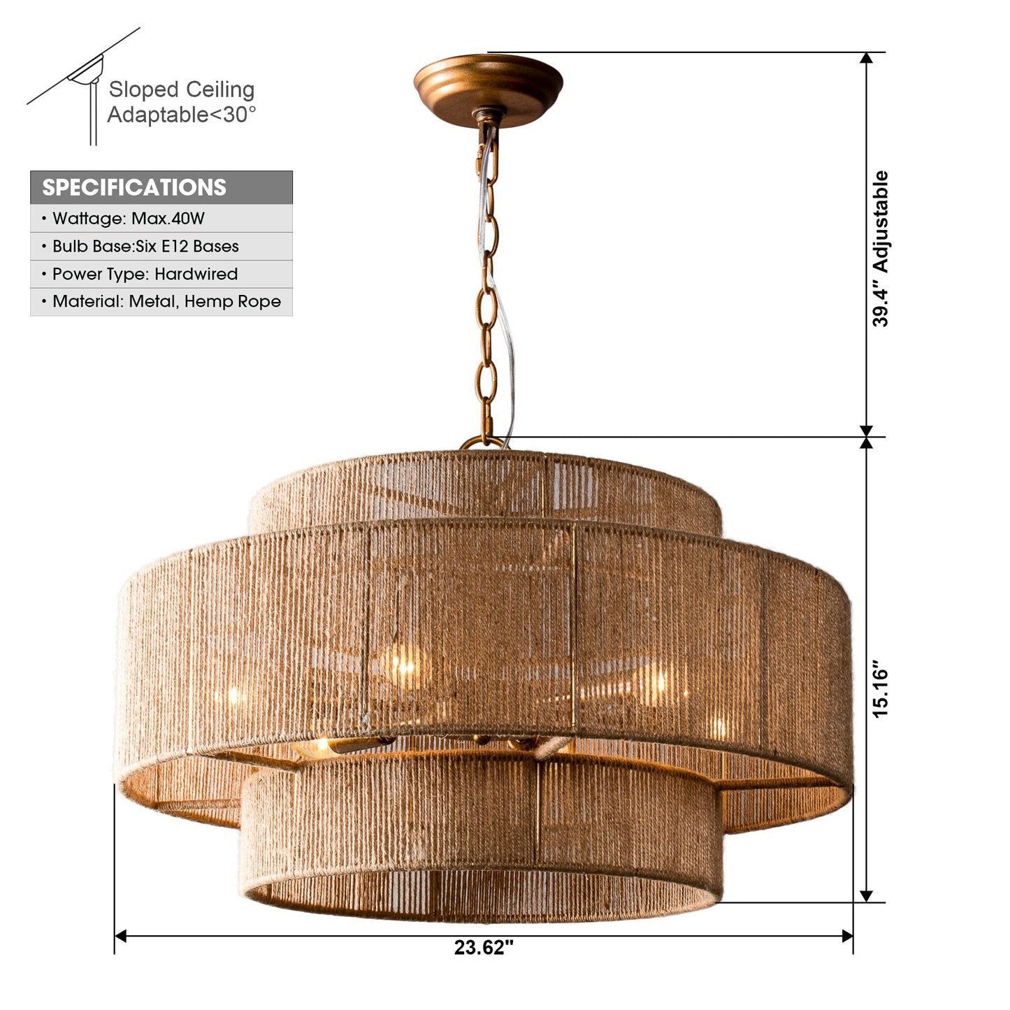 Bohemian Brown Hemp Rope Tiered Drum Chandelier Light - 23.62 W x 15.16H