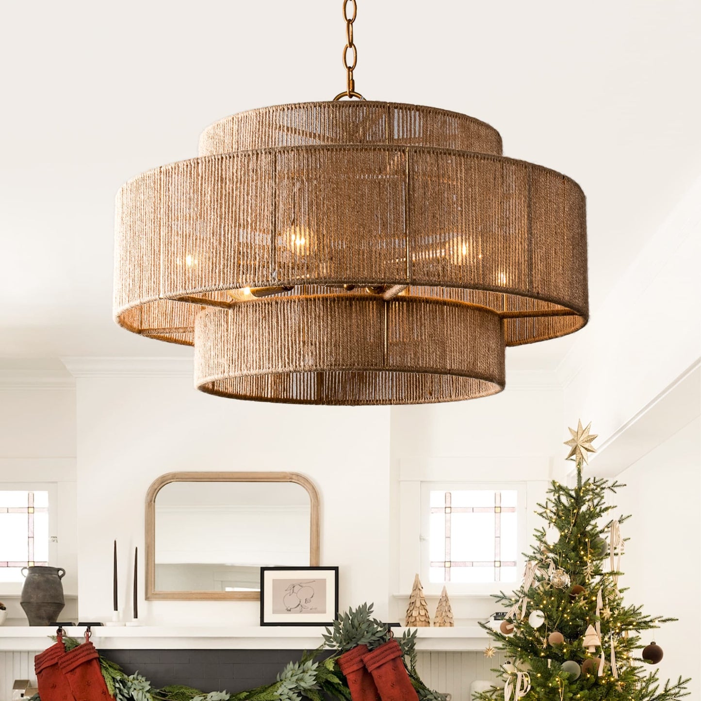 Bohemian Brown Hemp Rope Tiered Drum Chandelier Light - 23.62 W x 15.16H