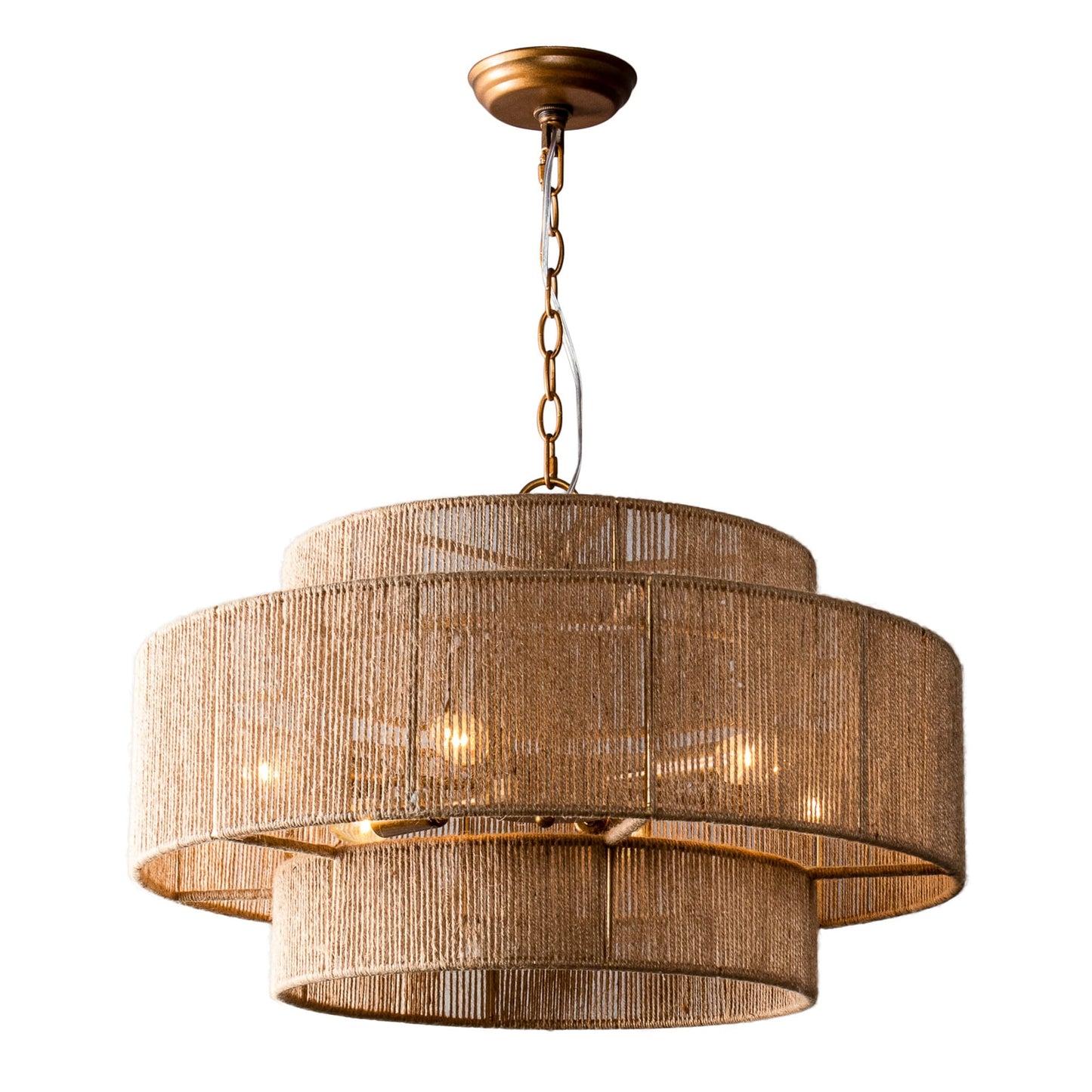Bohemian Brown Hemp Rope Tiered Drum Chandelier Light - 23.62 W x 15.16H