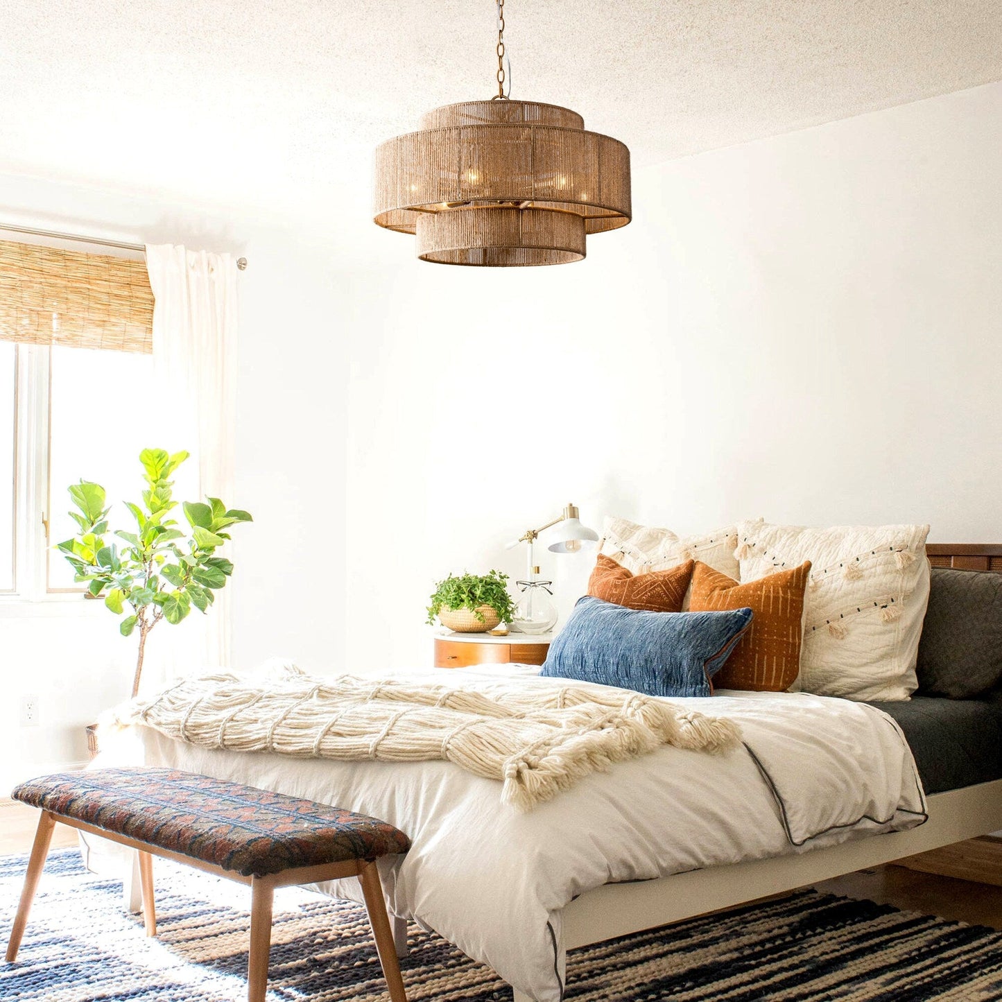 Bohemian Brown Hemp Rope Tiered Drum Chandelier Light - 23.62 W x 15.16H