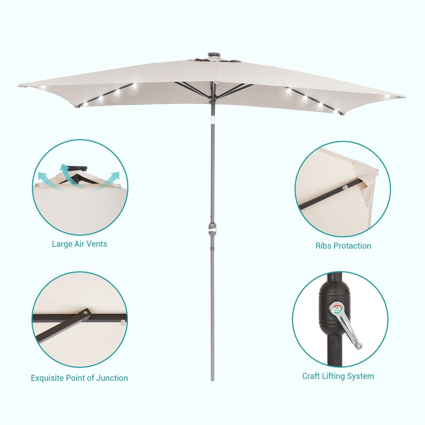 Bonosuki 10 x 6.5ft LED Patio Rectangular Umbrella Outdoor Market Umbrella Aluminium/Steel with Tilt and Crank