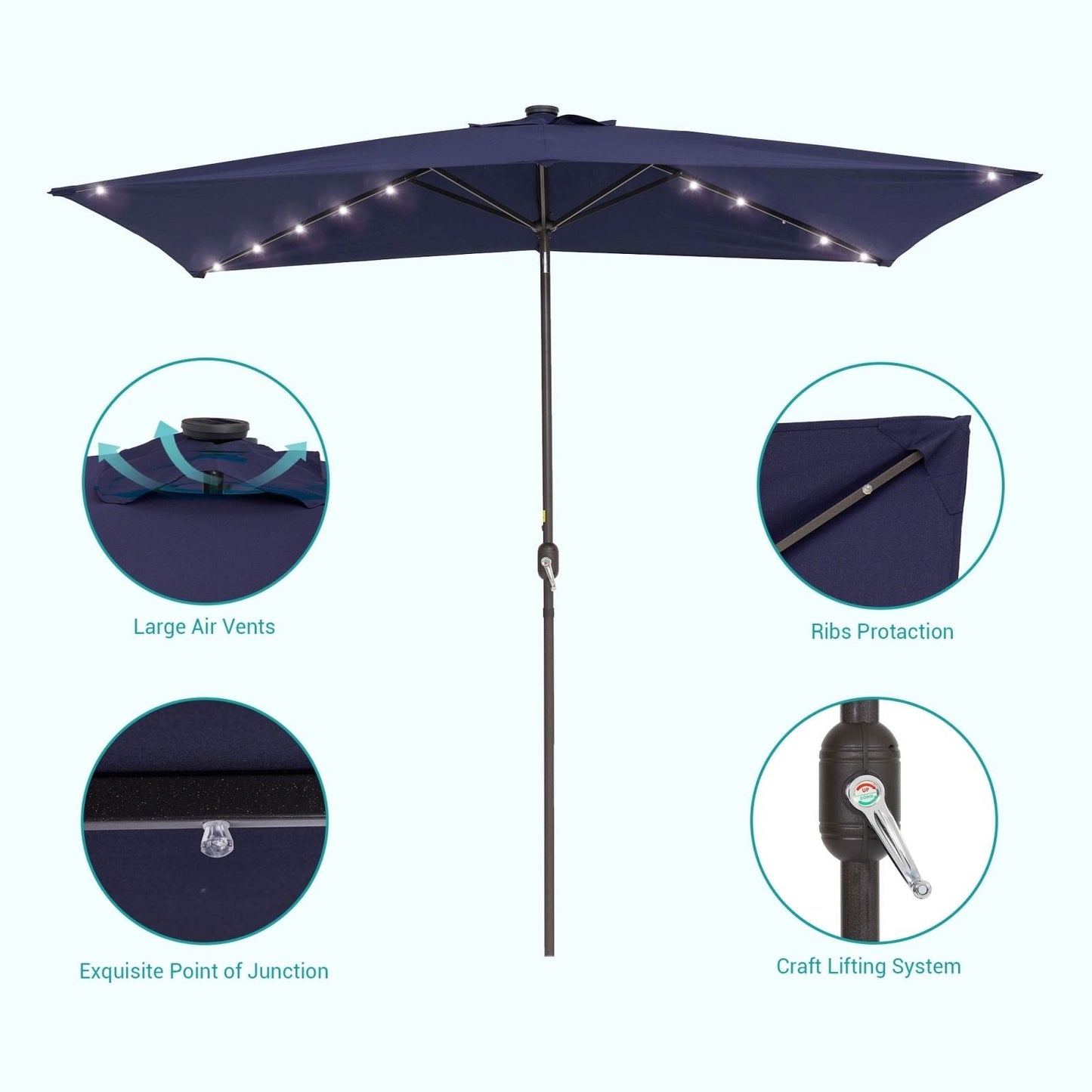 Bonosuki 10 x 6.5ft LED Patio Rectangular Umbrella Outdoor Market Umbrella Aluminium/Steel with Tilt and Crank