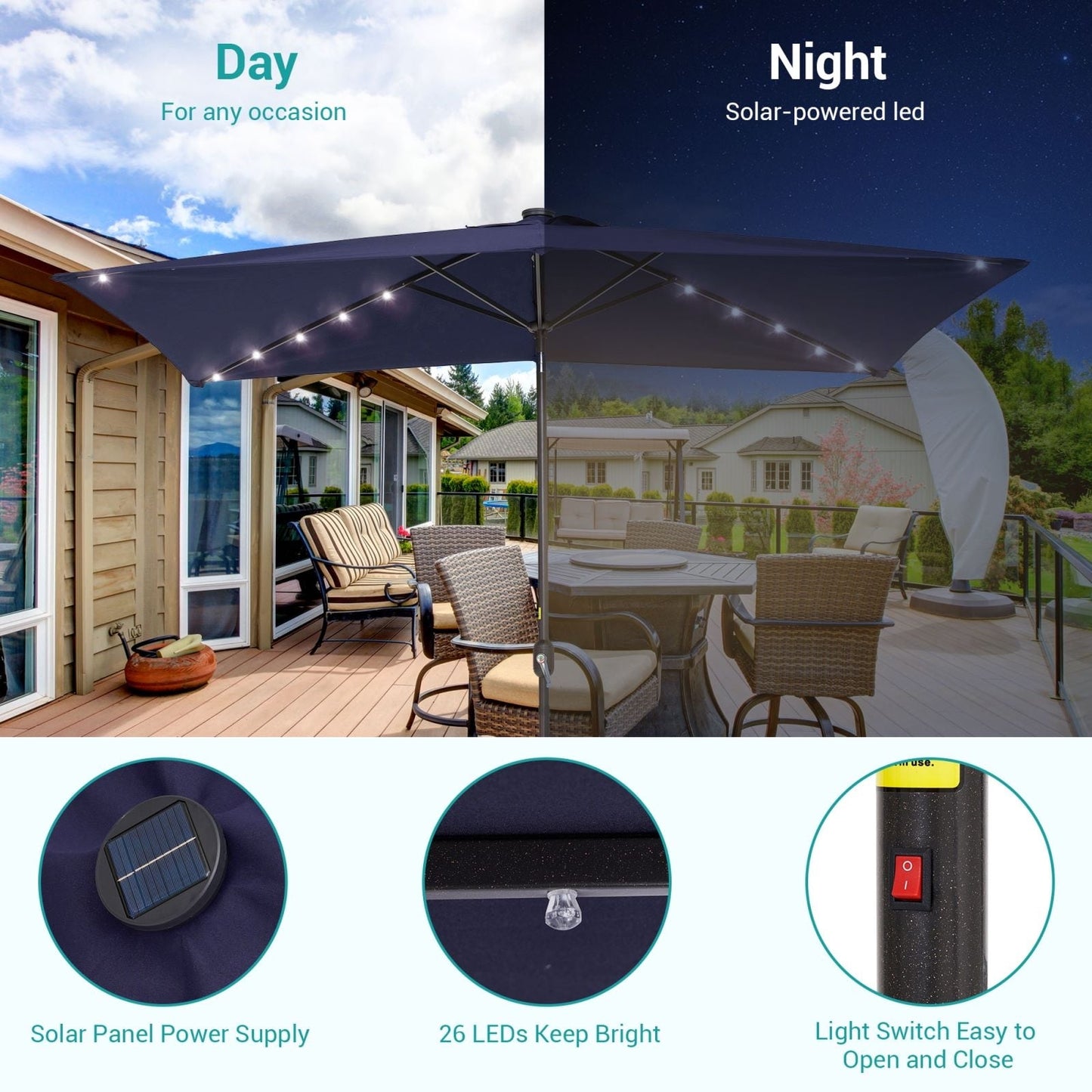 Bonosuki 10 x 6.5ft LED Patio Rectangular Umbrella Outdoor Market Umbrella Aluminium/Steel with Tilt and Crank