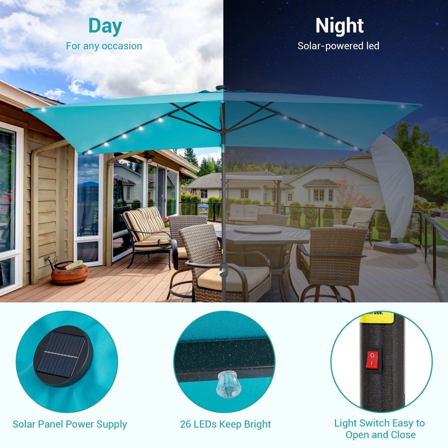 Bonosuki 10 x 6.5ft LED Patio Rectangular Umbrella Outdoor Market Umbrella Aluminium/Steel with Tilt and Crank
