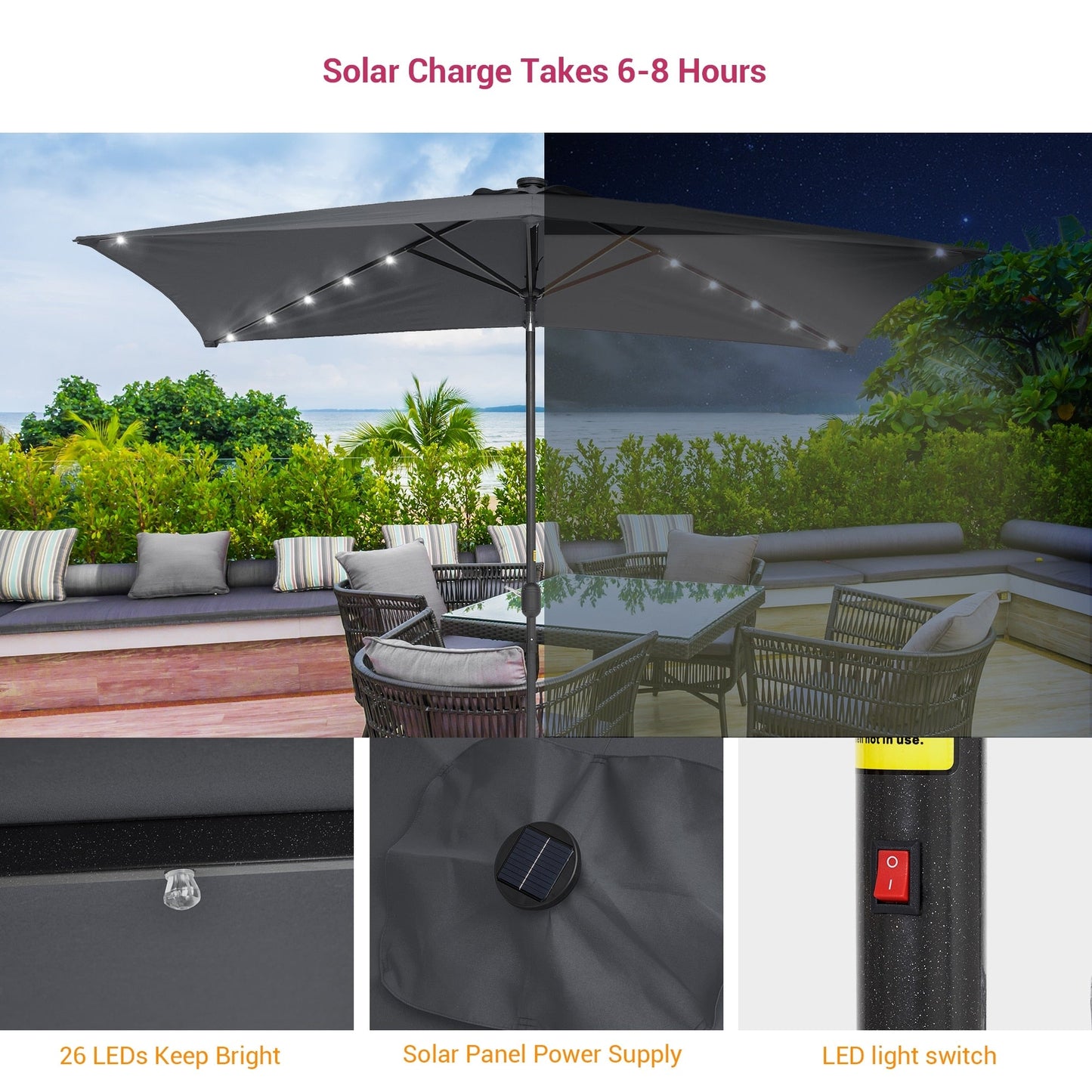 Bonosuki 10 x 6.5ft LED Patio Rectangular Umbrella Outdoor Market Umbrella Aluminium/Steel with Tilt and Crank