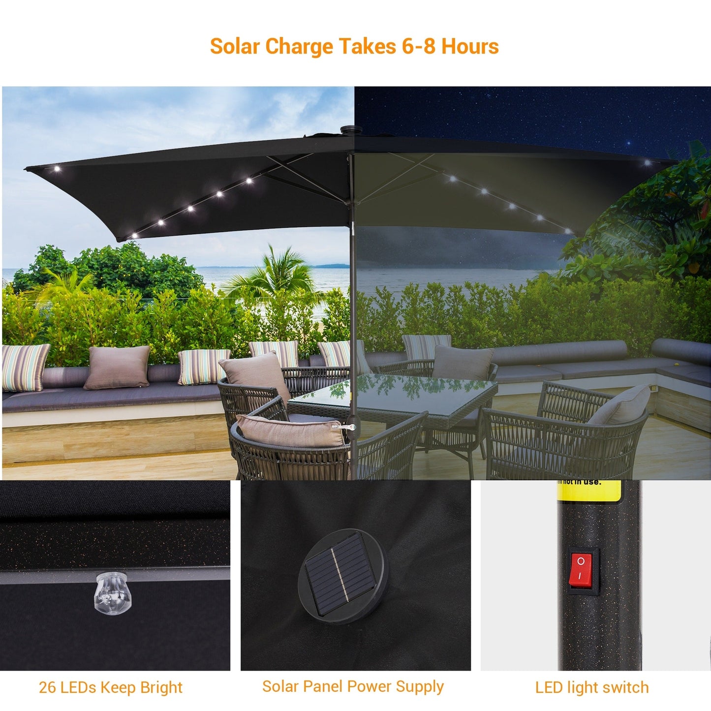 Bonosuki 10 x 6.5ft LED Patio Rectangular Umbrella Outdoor Market Umbrella Aluminium/Steel with Tilt and Crank